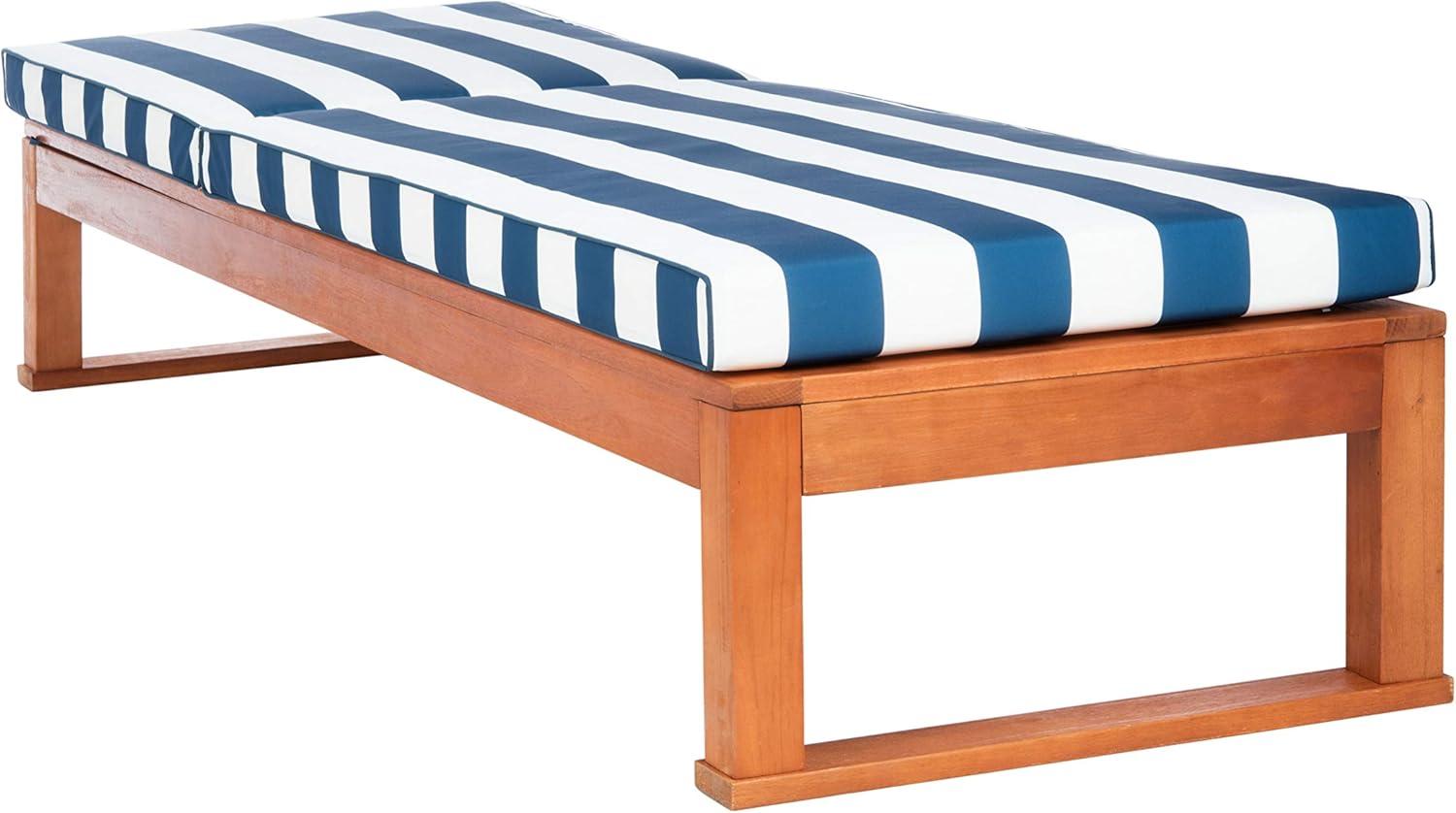image:imageSAFAVIEH Outdoor Collection Solano Natural Brown Solid WoodBlack Cushion Patio Adjustable Chaise Lounge Chair PAT7024FNaturalNavy Stripe