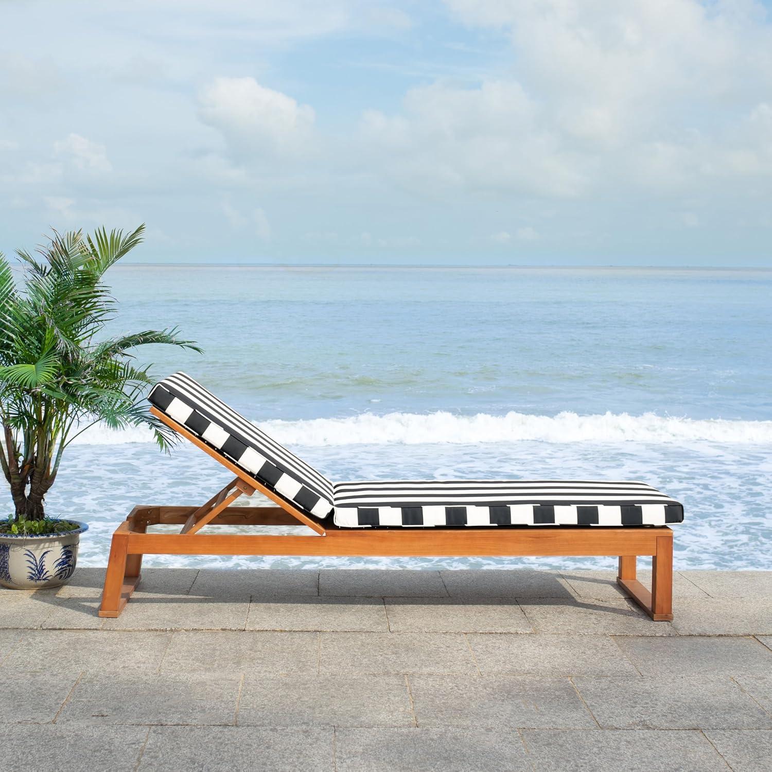image:imageSAFAVIEH Outdoor Collection Solano Natural Brown Solid WoodBlack Cushion Patio Adjustable Chaise Lounge Chair PAT7024FNaturalNavy Stripe