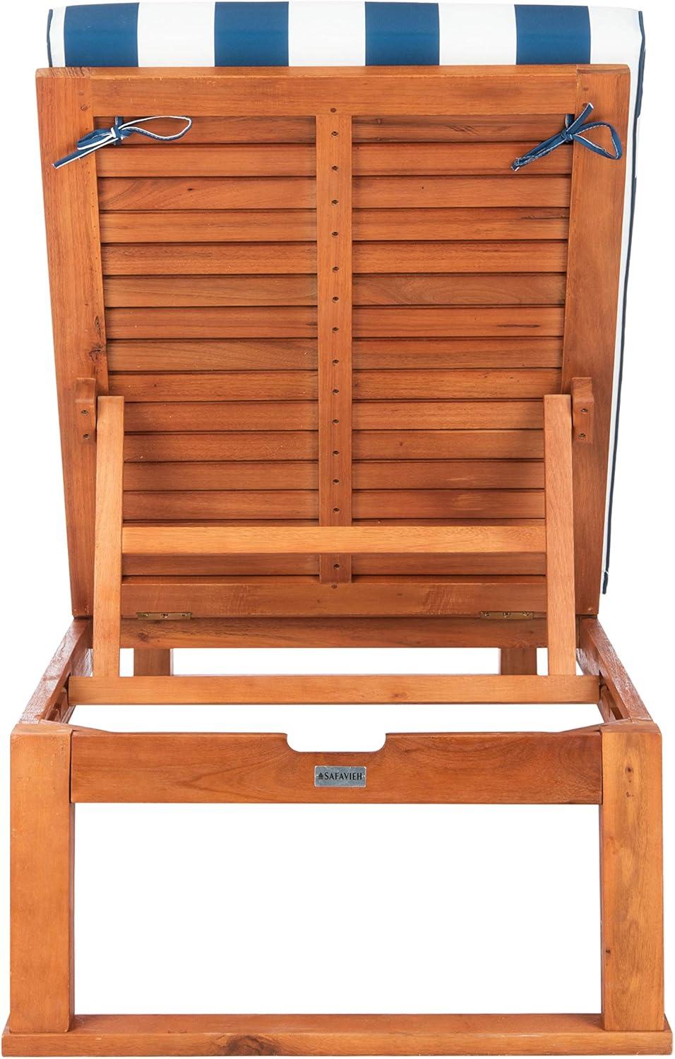image:imageSAFAVIEH Outdoor Collection Solano Natural Brown Solid WoodBlack Cushion Patio Adjustable Chaise Lounge Chair PAT7024FNaturalNavy Stripe