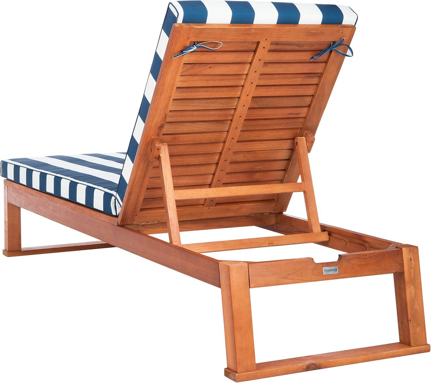 image:imageSAFAVIEH Outdoor Collection Solano Natural Brown Solid WoodBlack Cushion Patio Adjustable Chaise Lounge Chair PAT7024FNaturalNavy Stripe