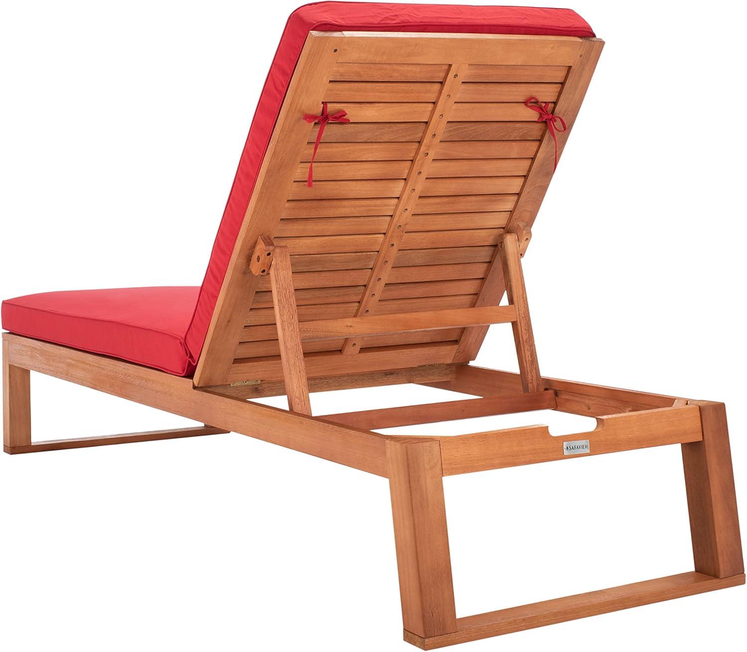 image:imageSAFAVIEH Outdoor Collection Solano Natural Brown Solid WoodBlack Cushion Patio Adjustable Chaise Lounge Chair PAT7024FNaturalRed
