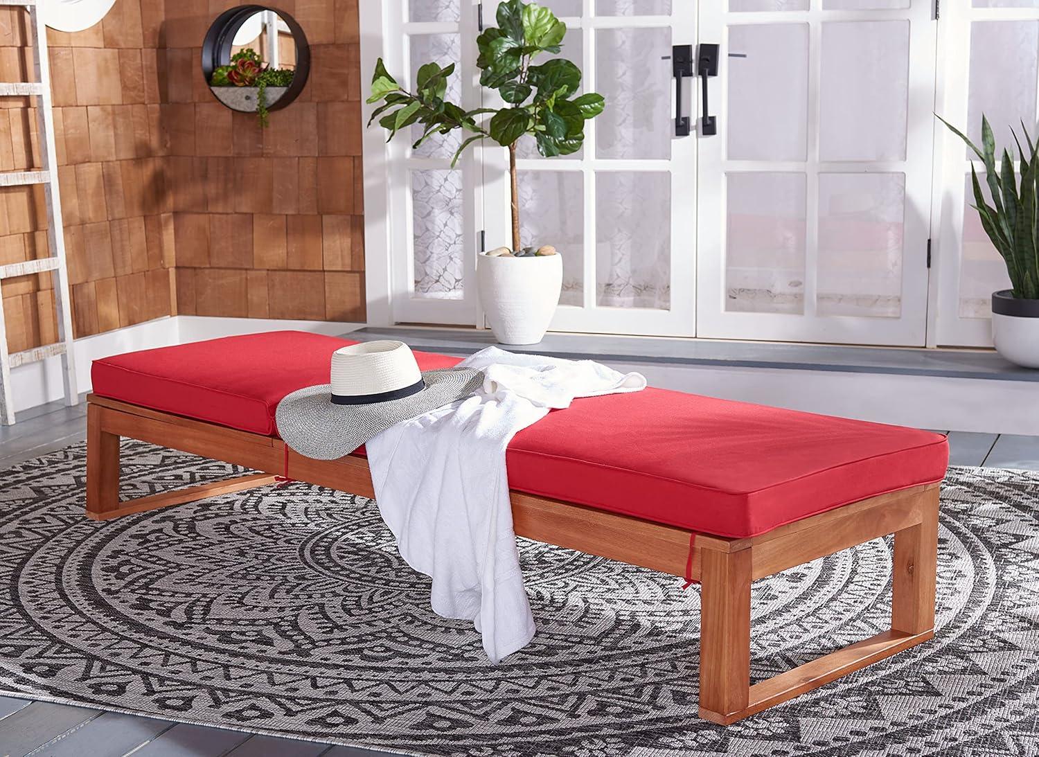 image:imageSAFAVIEH Outdoor Collection Solano Natural Brown Solid WoodBlack Cushion Patio Adjustable Chaise Lounge Chair PAT7024FNaturalRed