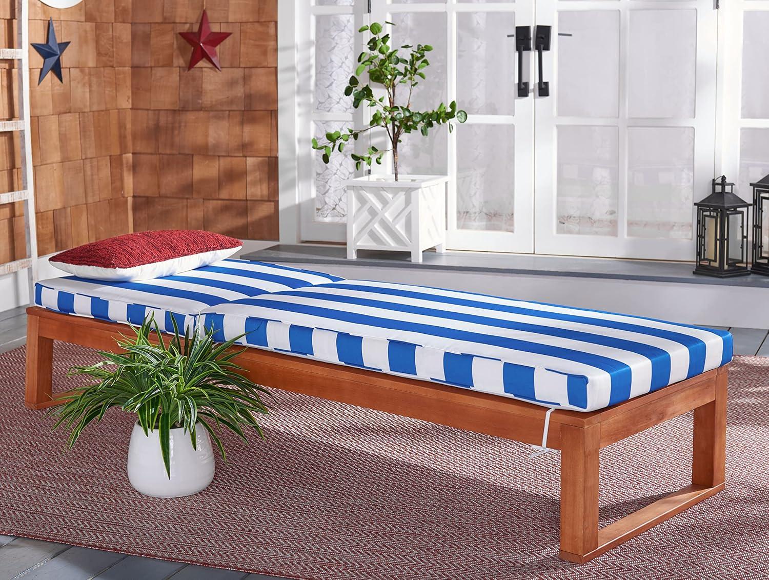 image:imageSAFAVIEH Outdoor Collection Solano Natural Brown Solid WoodBlack Cushion Patio Adjustable Chaise Lounge Chair PAT7024FNaturalRoyal Blue Striped