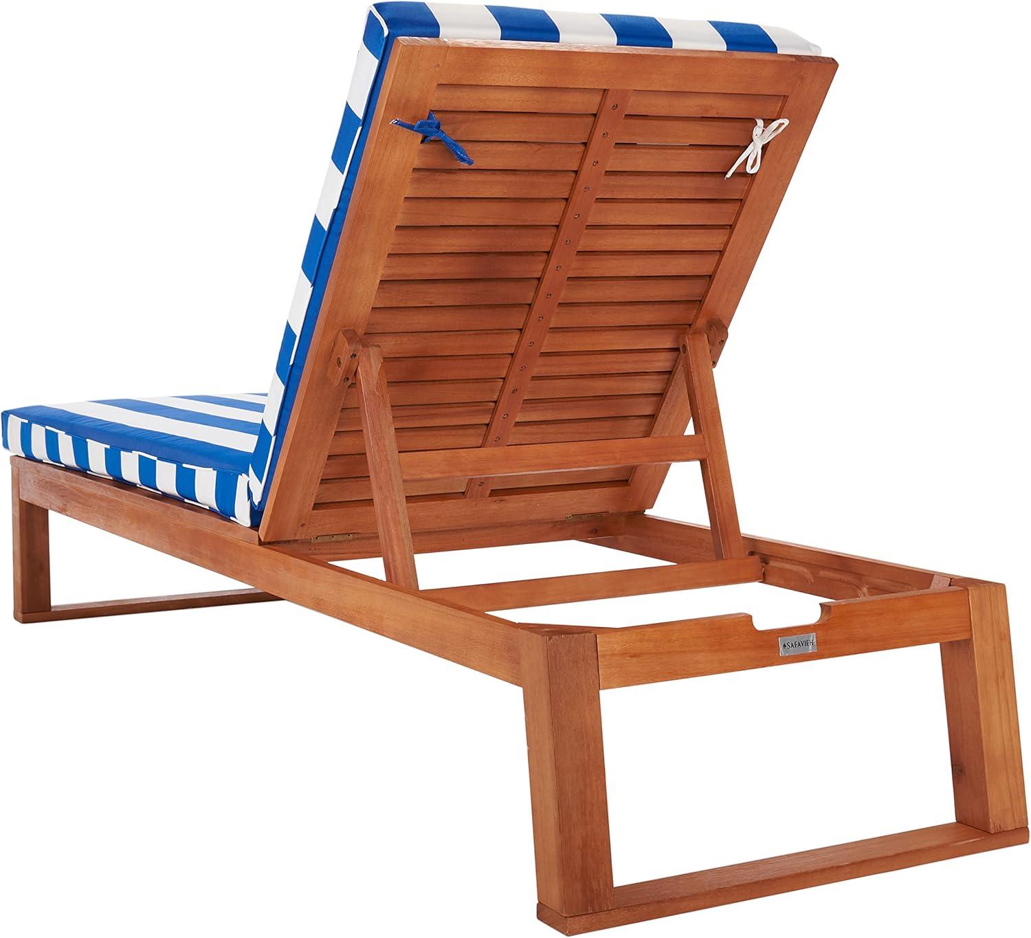 image:imageSAFAVIEH Outdoor Collection Solano Natural Brown Solid WoodBlack Cushion Patio Adjustable Chaise Lounge Chair PAT7024FNaturalRoyal Blue Striped