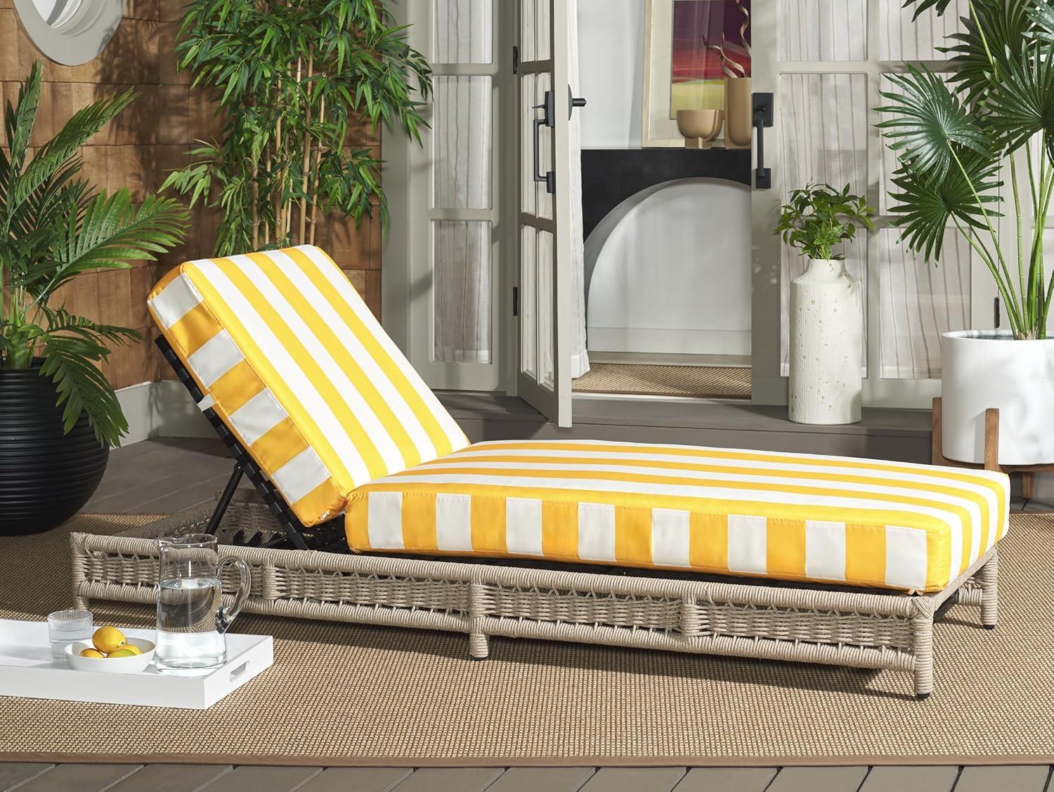 image:imageSAFAVIEH Outdoor Patio Furniture Collection Callan Heather Tan Rope amp White Cushion Lounger Fully Assembled Outdoor Chaise Modern LowProfile Design PAT7547AHeather TanYellow Stripe
