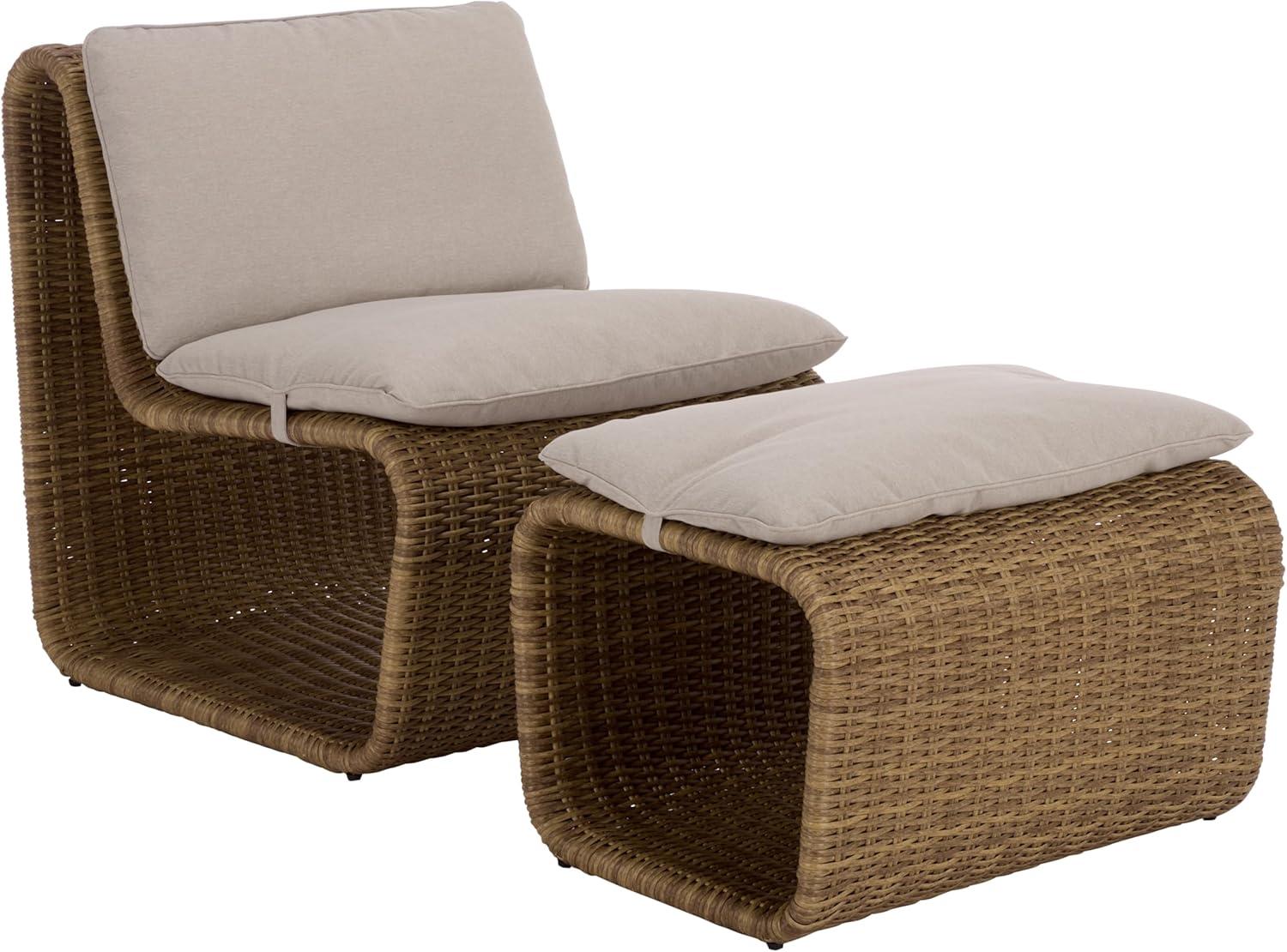 image:imageSAFAVIEH Outdoor Patio Furniture Collection Drew Rattan Lounge Chair amp Ottoman Set with Cushions Fully Assembled PAT7542NaturalTaupe