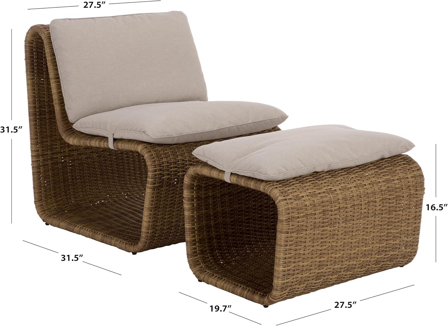 image:imageSAFAVIEH Outdoor Patio Furniture Collection Drew Rattan Lounge Chair amp Ottoman Set with Cushions Fully Assembled PAT7542NaturalTaupe