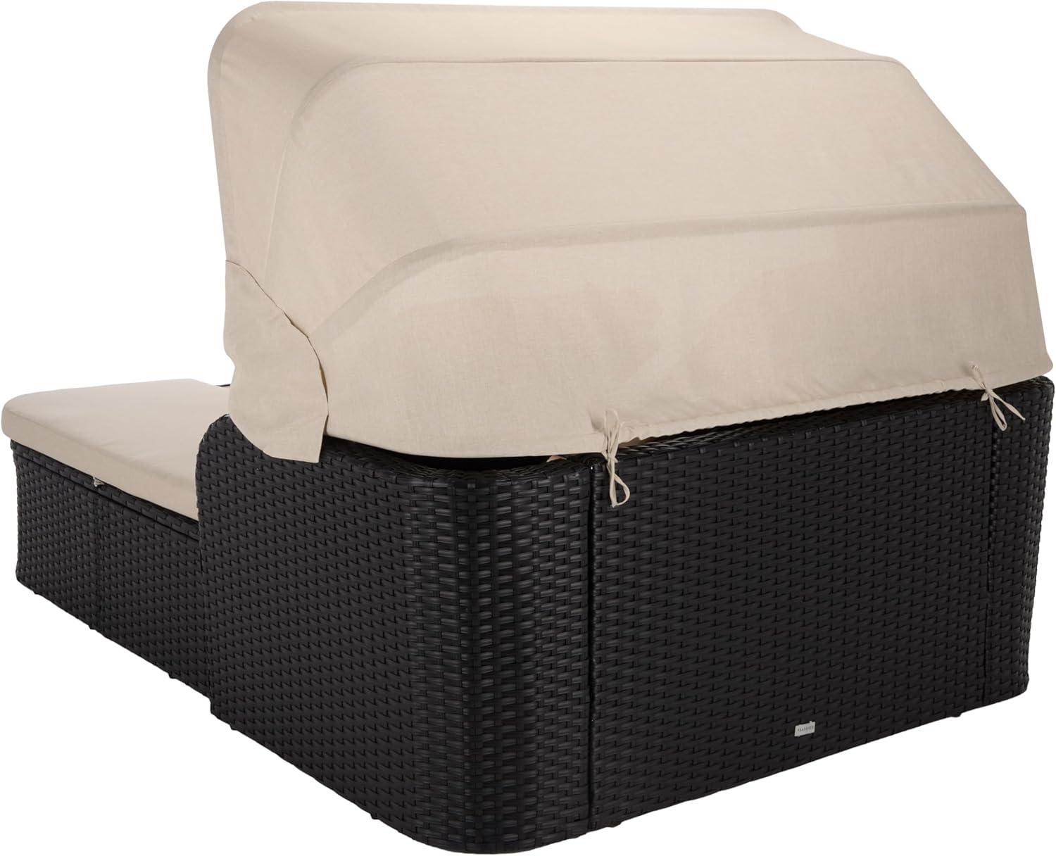 image:imageSAFAVIEH Outdoor Patio Furniture Collection Victoria Black amp Taupe Double Daybed Rattan Canopy Lounger with Reversible Cushions PAT7759BBlackTaupe