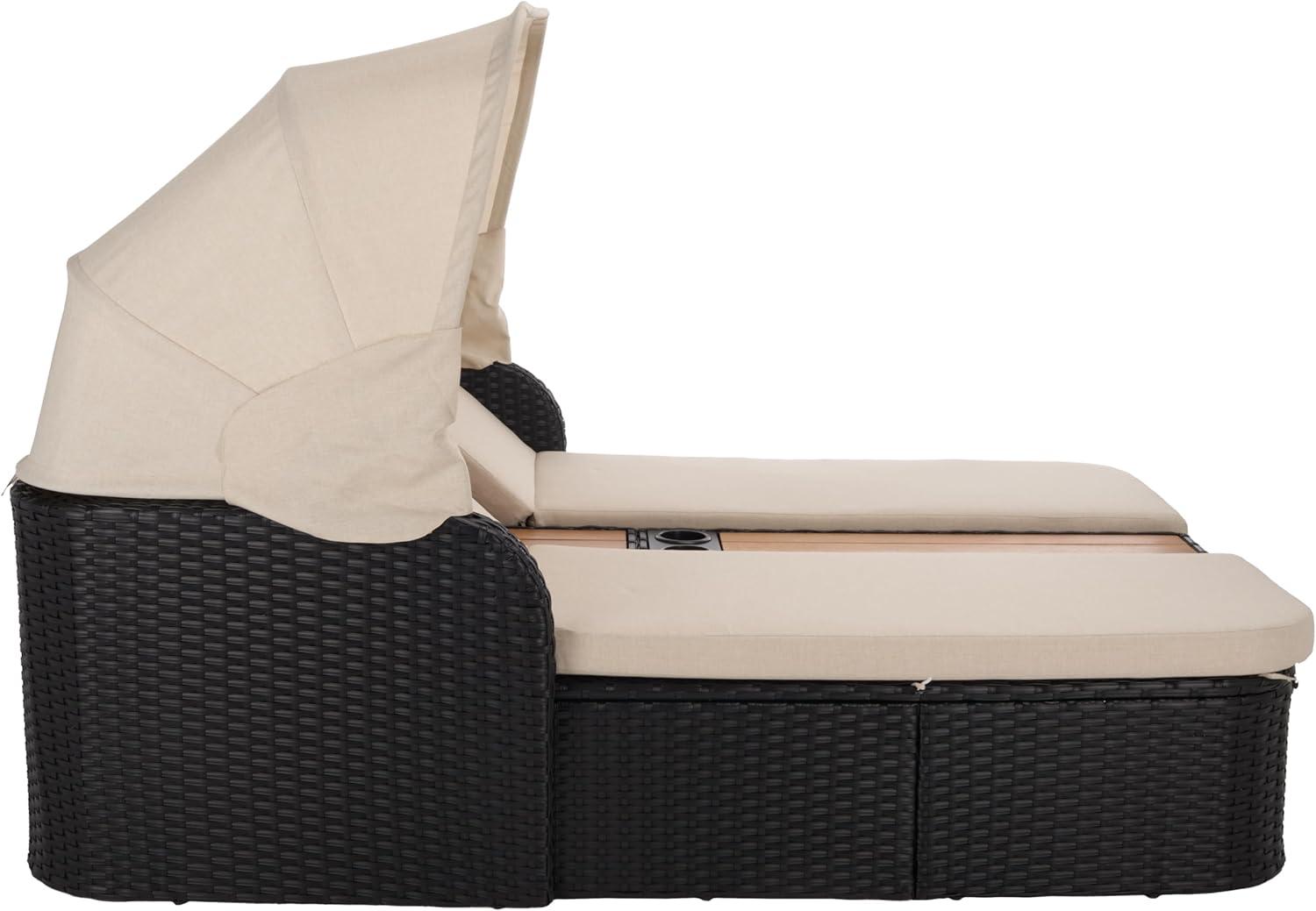 image:imageSAFAVIEH Outdoor Patio Furniture Collection Victoria Black amp Taupe Double Daybed Rattan Canopy Lounger with Reversible Cushions PAT7759BBlackTaupe