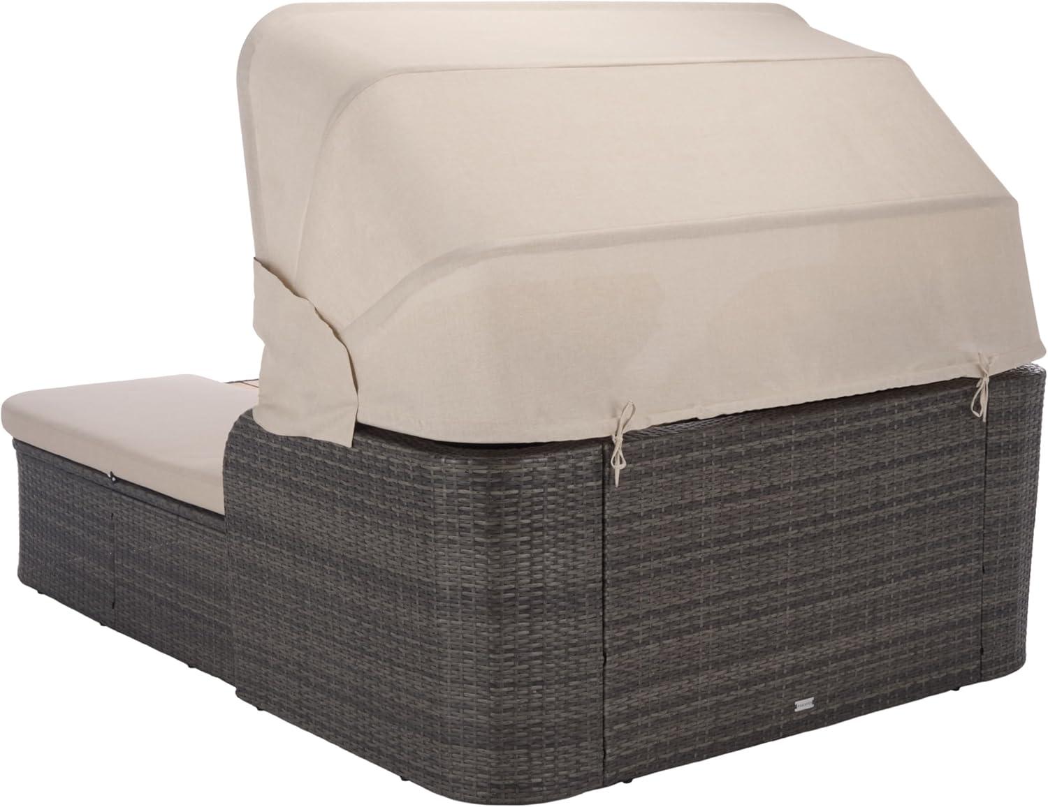 image:imageSAFAVIEH Outdoor Patio Furniture Collection Victoria Black amp Taupe Double Daybed Rattan Canopy Lounger with Reversible Cushions PAT7759BGrey BrownTaupe