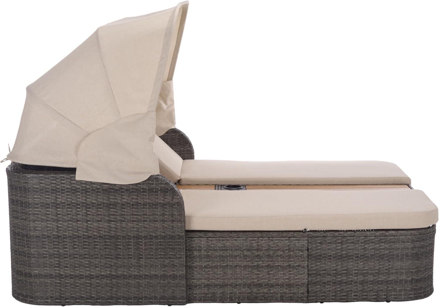 image:imageSAFAVIEH Outdoor Patio Furniture Collection Victoria Black amp Taupe Double Daybed Rattan Canopy Lounger with Reversible Cushions PAT7759BGrey BrownTaupe