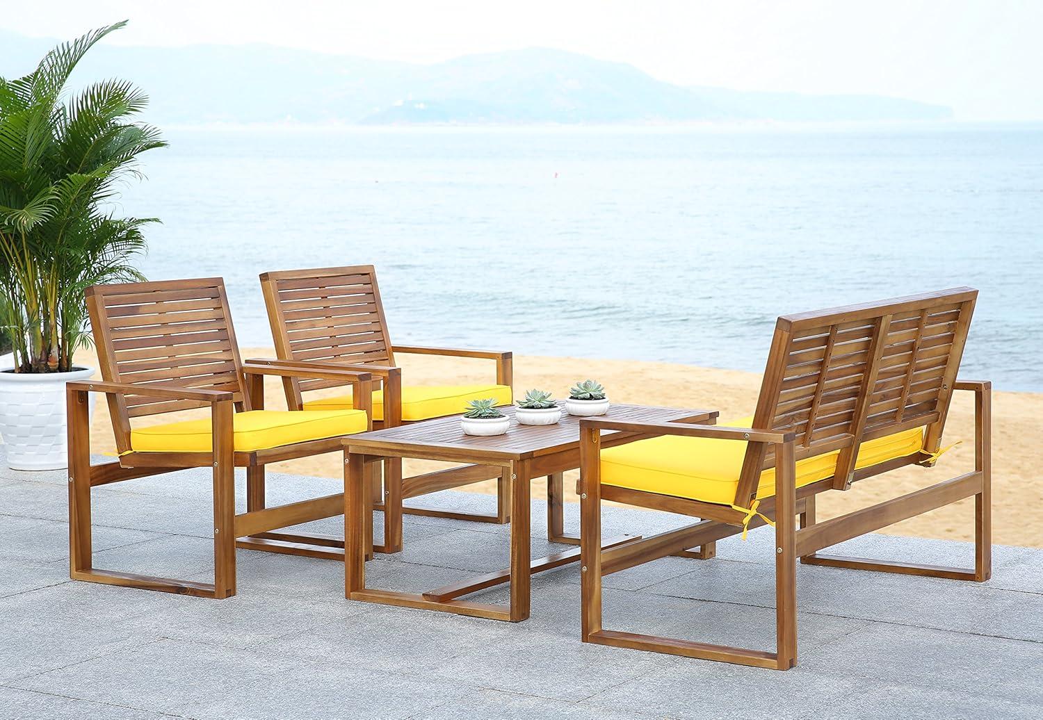 image:imageSafavieh Home Collection Hailey Outdoor Living 4Piece Acacia Patio Furniture Set Brown and Yellow