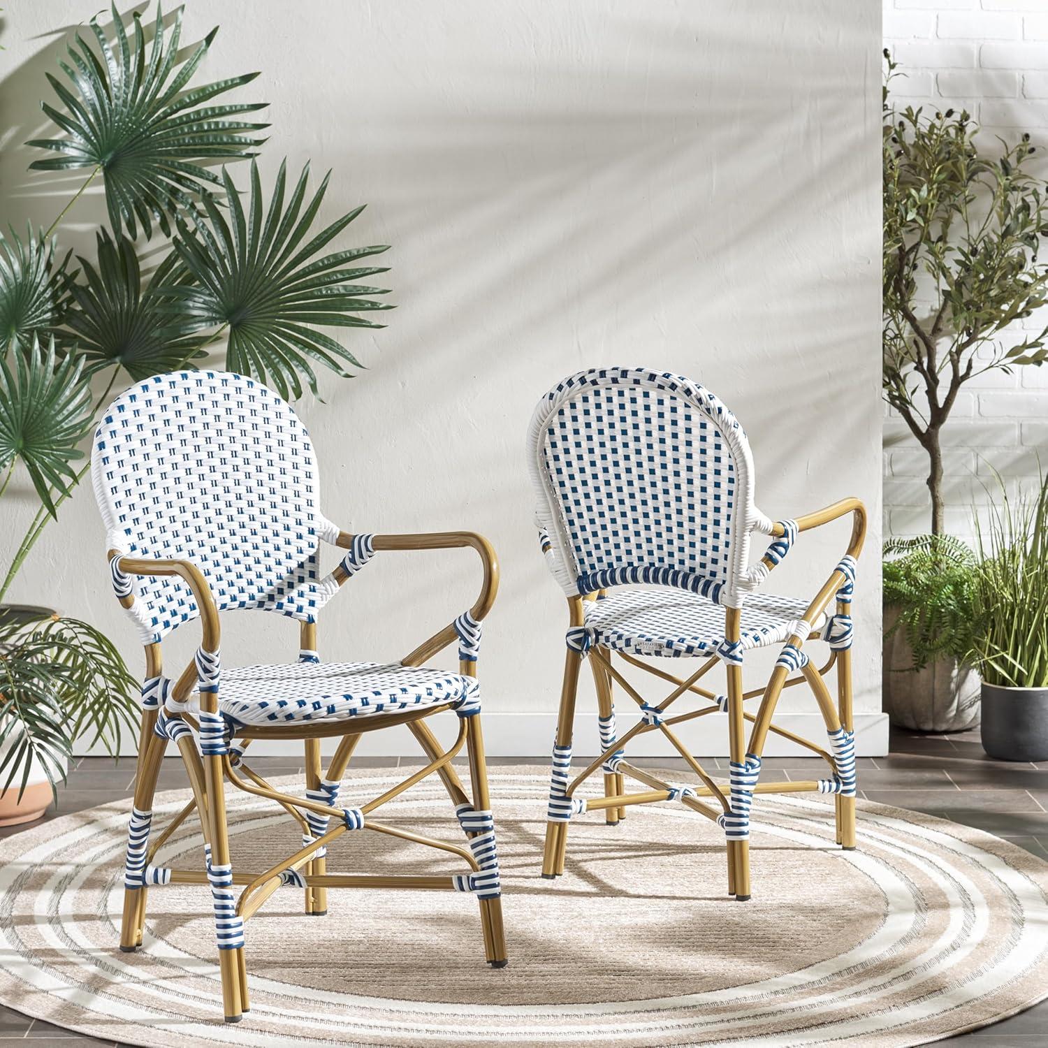 image:imageSafavieh Home Hooper Navy and White IndoorOutdoor Rattan Stacking Arm Chair Set of 2Blue White