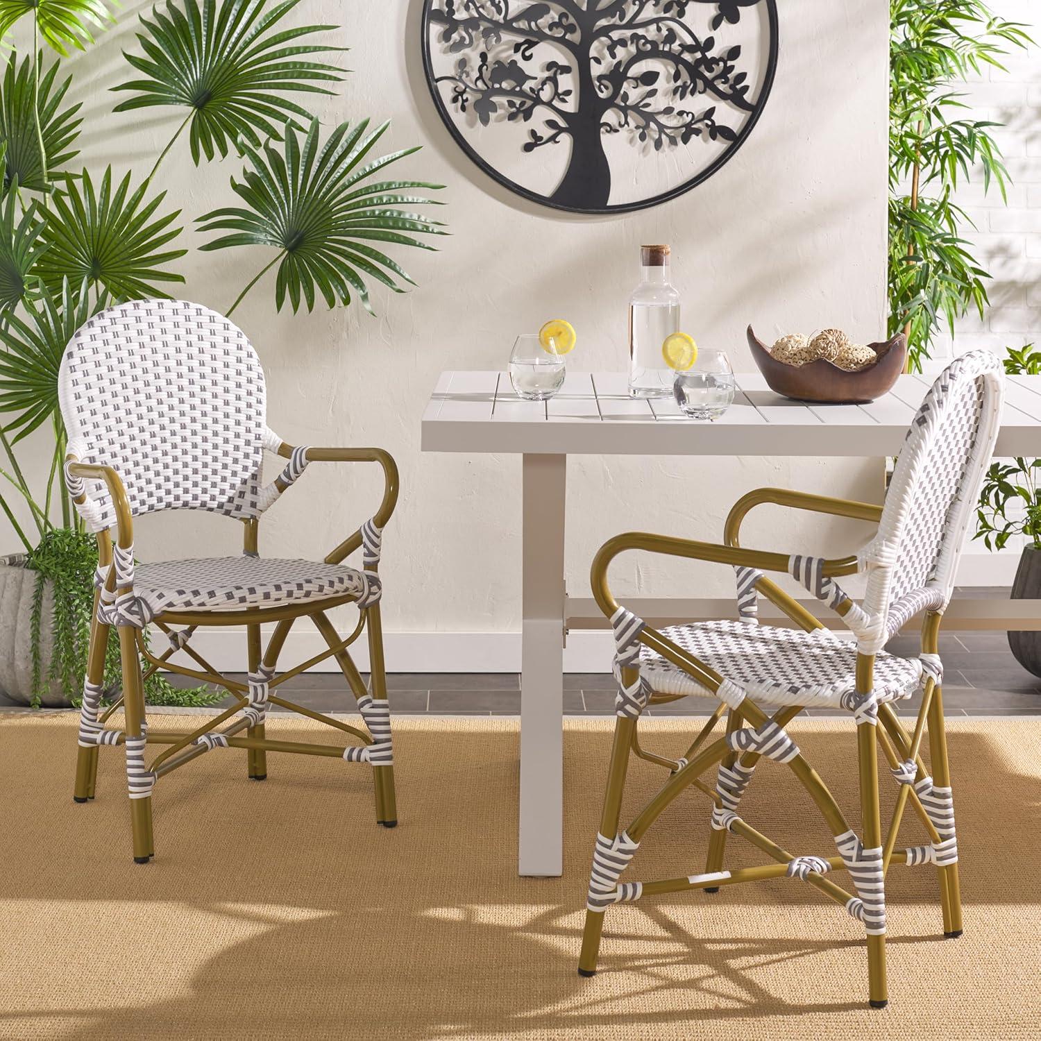 image:imageSafavieh Home Hooper Navy and White IndoorOutdoor Rattan Stacking Arm Chair Set of 2Grey White