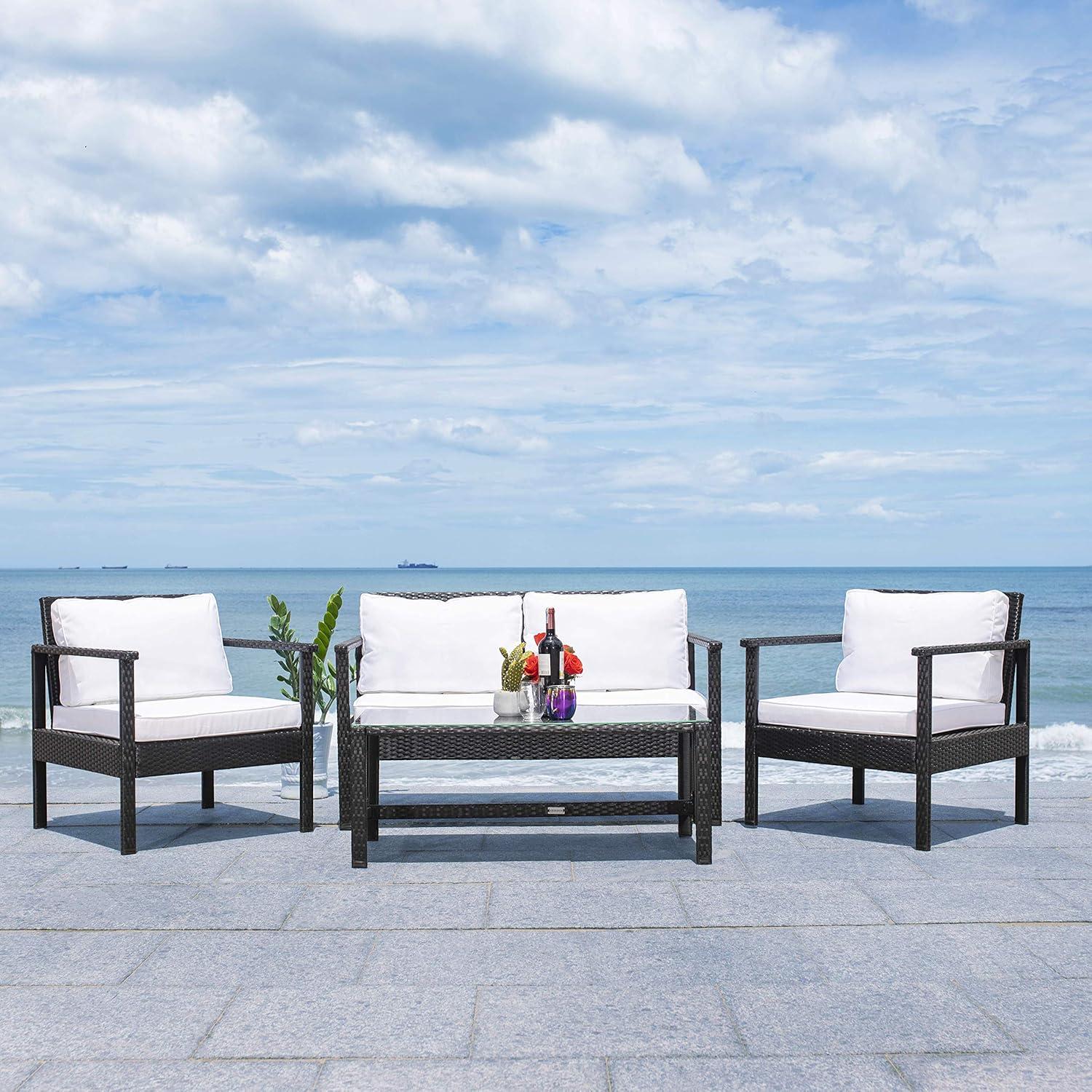 image:imageSafavieh Outdoor Collection Garnen Wicker Cushion 4Piece Living Set PAT7714D NaturalWhiteBlack White
