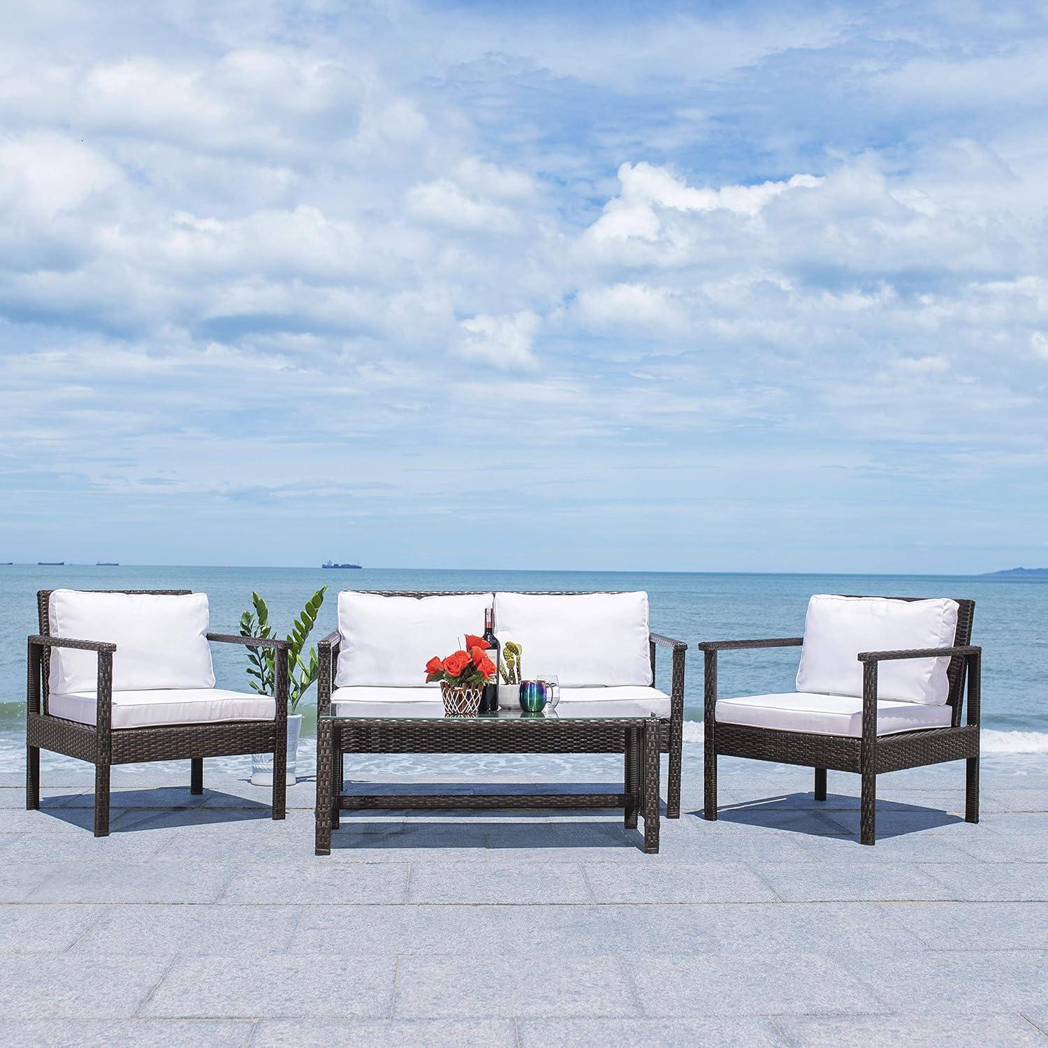 image:imageSafavieh Outdoor Collection Garnen Wicker Cushion 4Piece Living Set PAT7714D NaturalWhiteBrown White