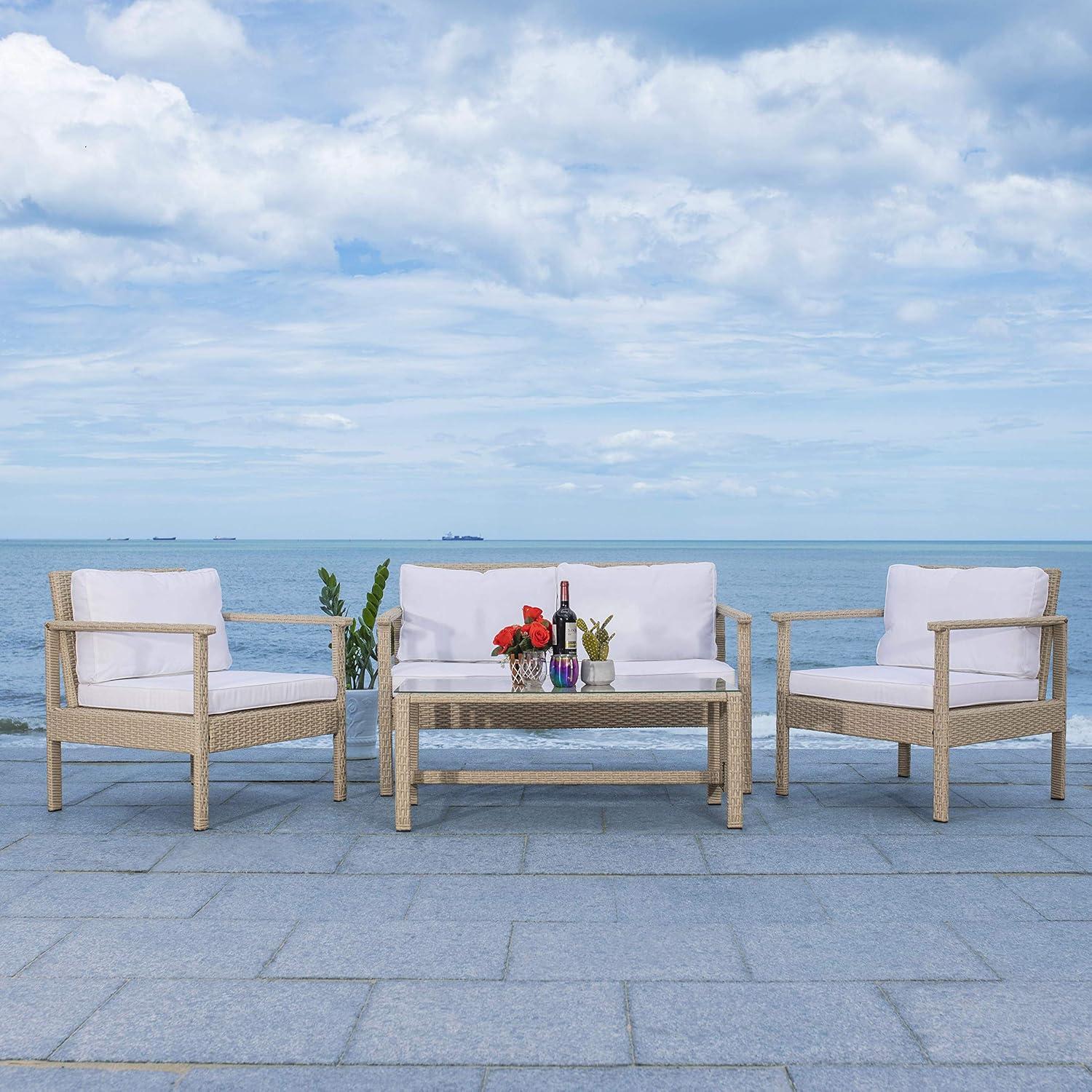 image:imageSafavieh Outdoor Collection Garnen Wicker Cushion 4Piece Living Set PAT7714D NaturalWhiteGrey White