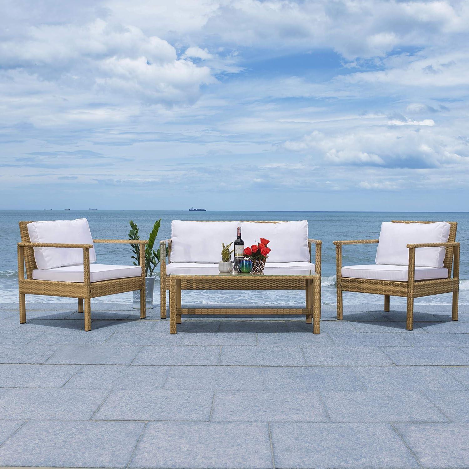 image:imageSafavieh Outdoor Collection Garnen Wicker Cushion 4Piece Living Set PAT7714D NaturalWhiteNatural White