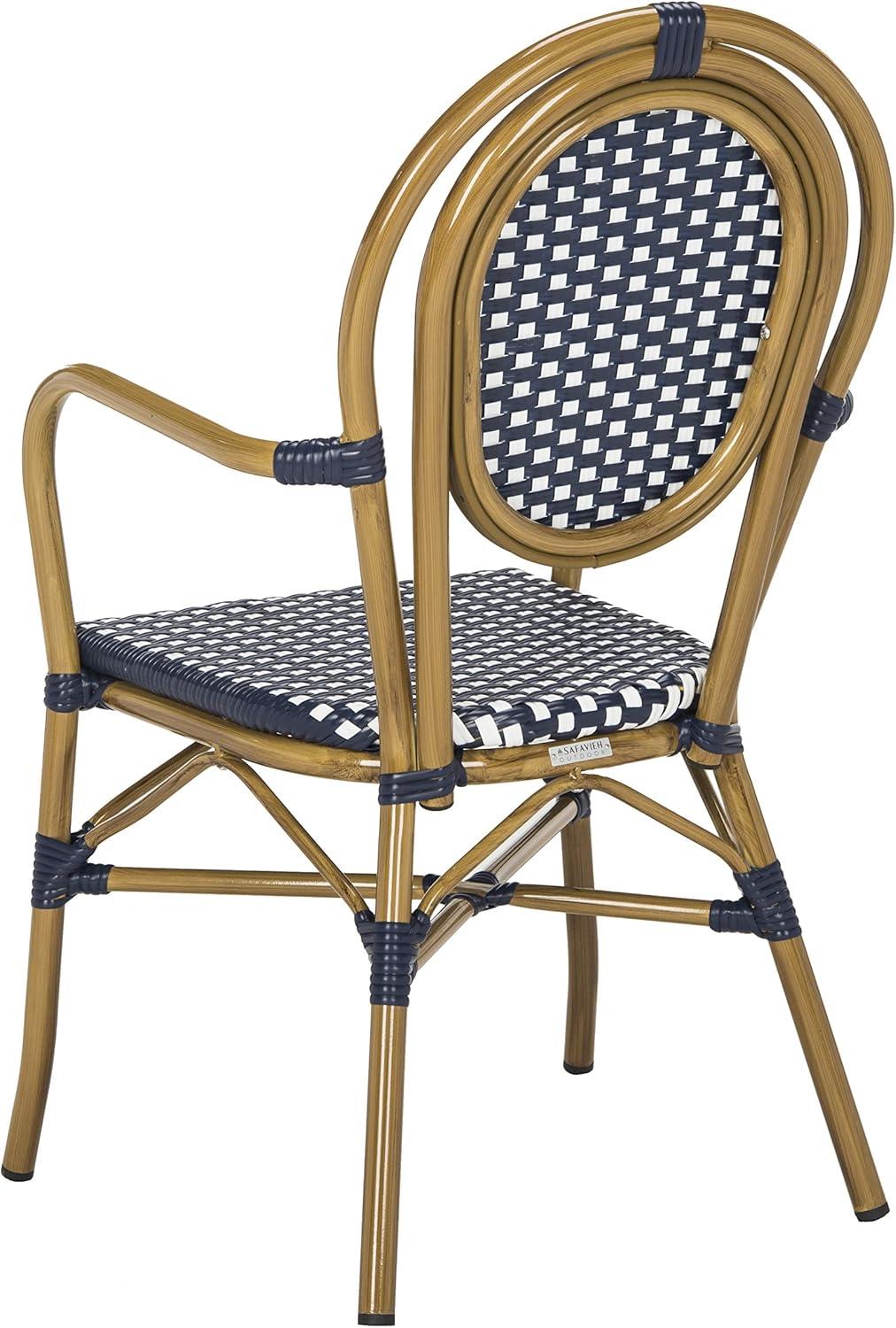 image:imageSafavieh PAT4014ASET2 Outdoor Collection Rosen Navy and White French Bistro Stacking Arm ChairNavy White