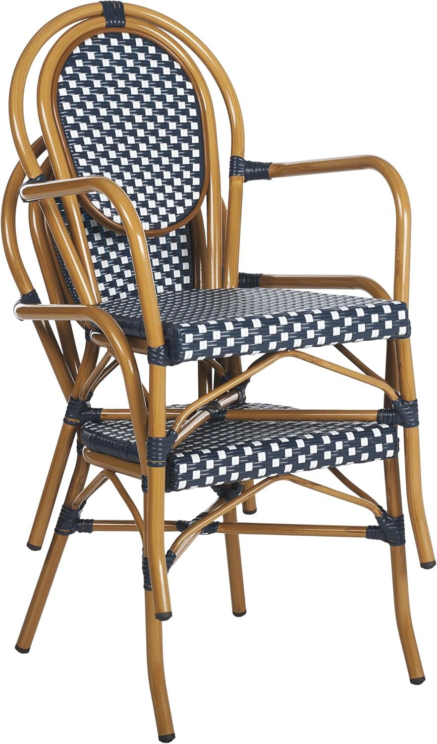 image:imageSafavieh PAT4014ASET2 Outdoor Collection Rosen Navy and White French Bistro Stacking Arm ChairNavy White