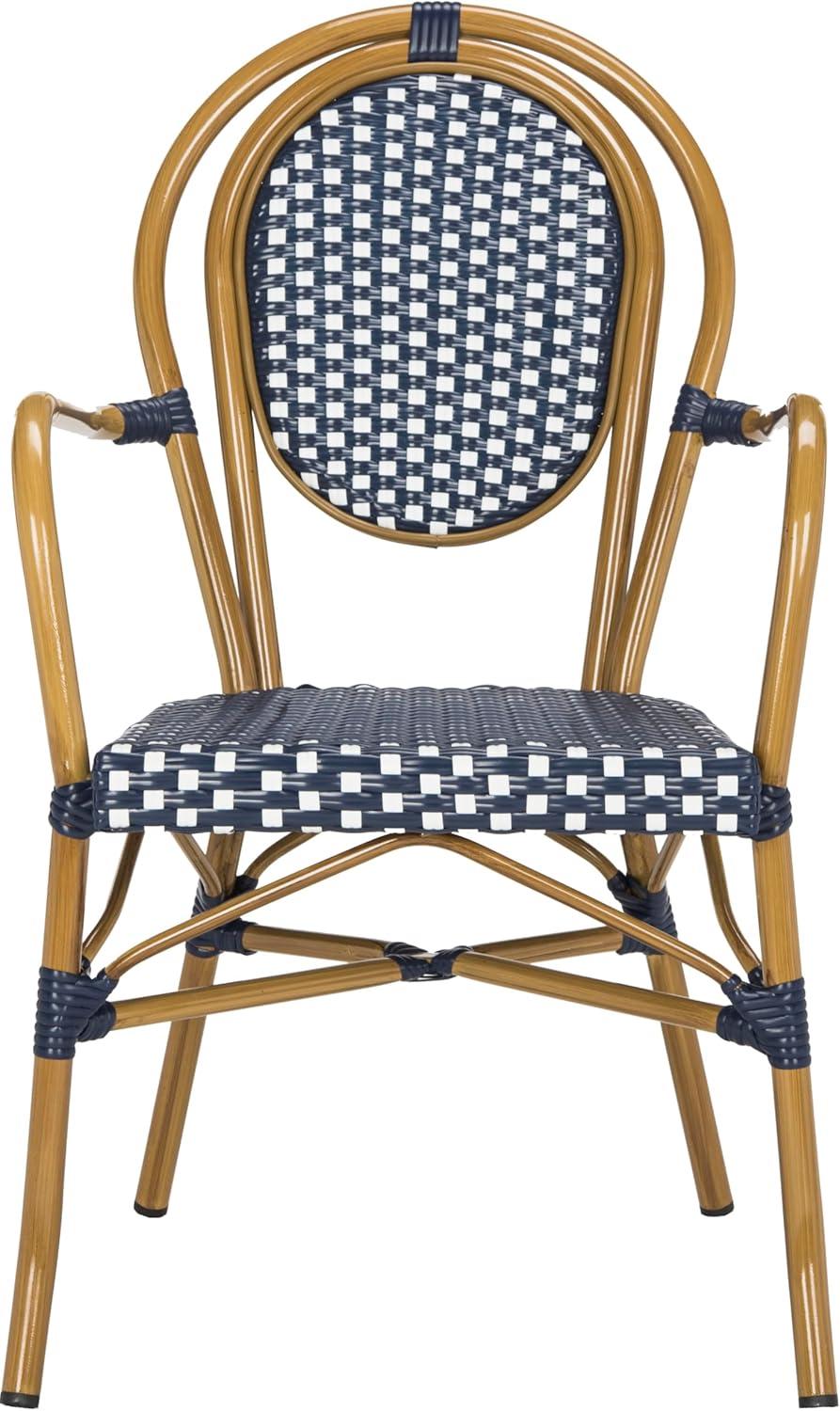 image:imageSafavieh PAT4014ASET2 Outdoor Collection Rosen Navy and White French Bistro Stacking Arm ChairNavy White