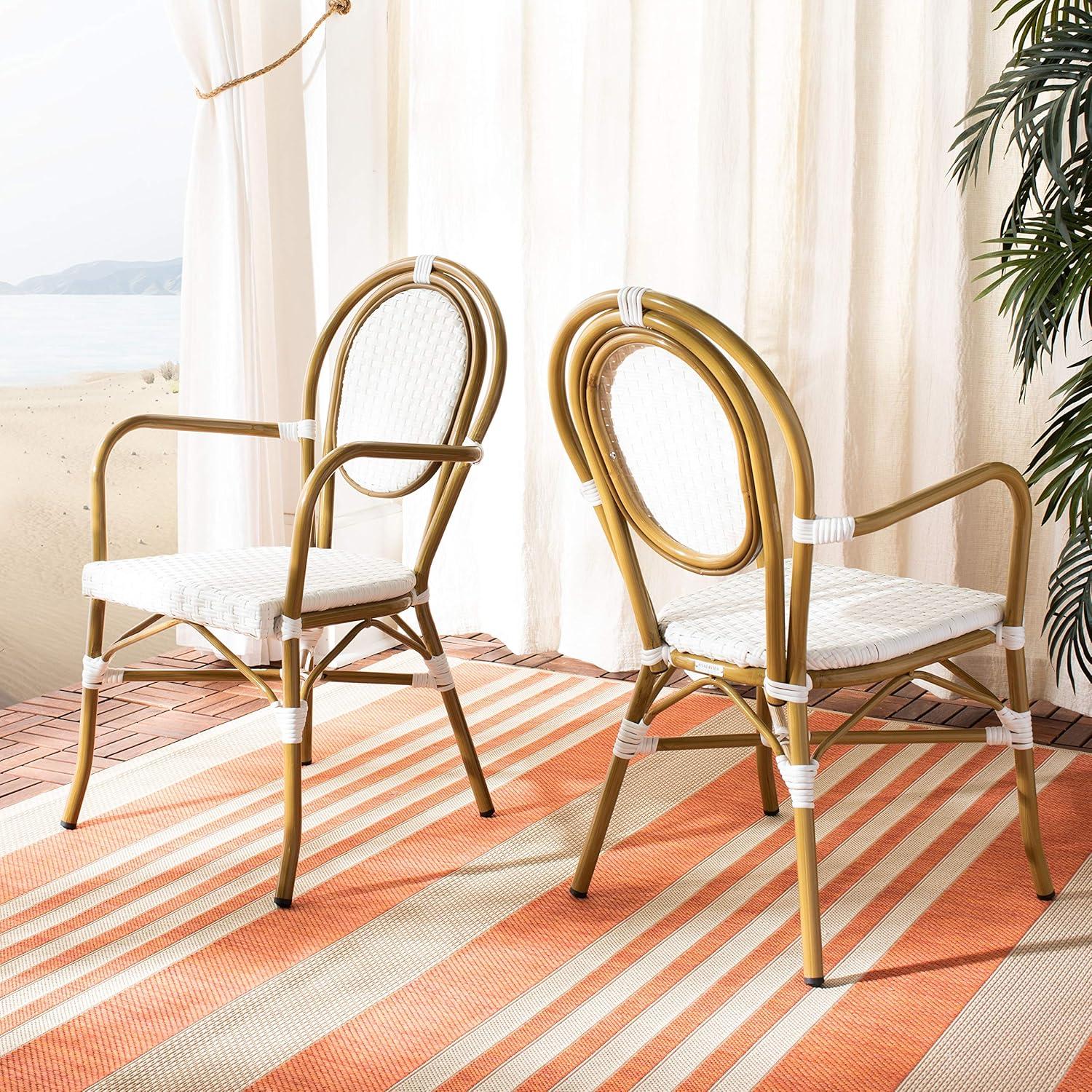 image:imageSafavieh PAT4014ASET2 Outdoor Collection Rosen Navy and White French Bistro Stacking Arm ChairWhite