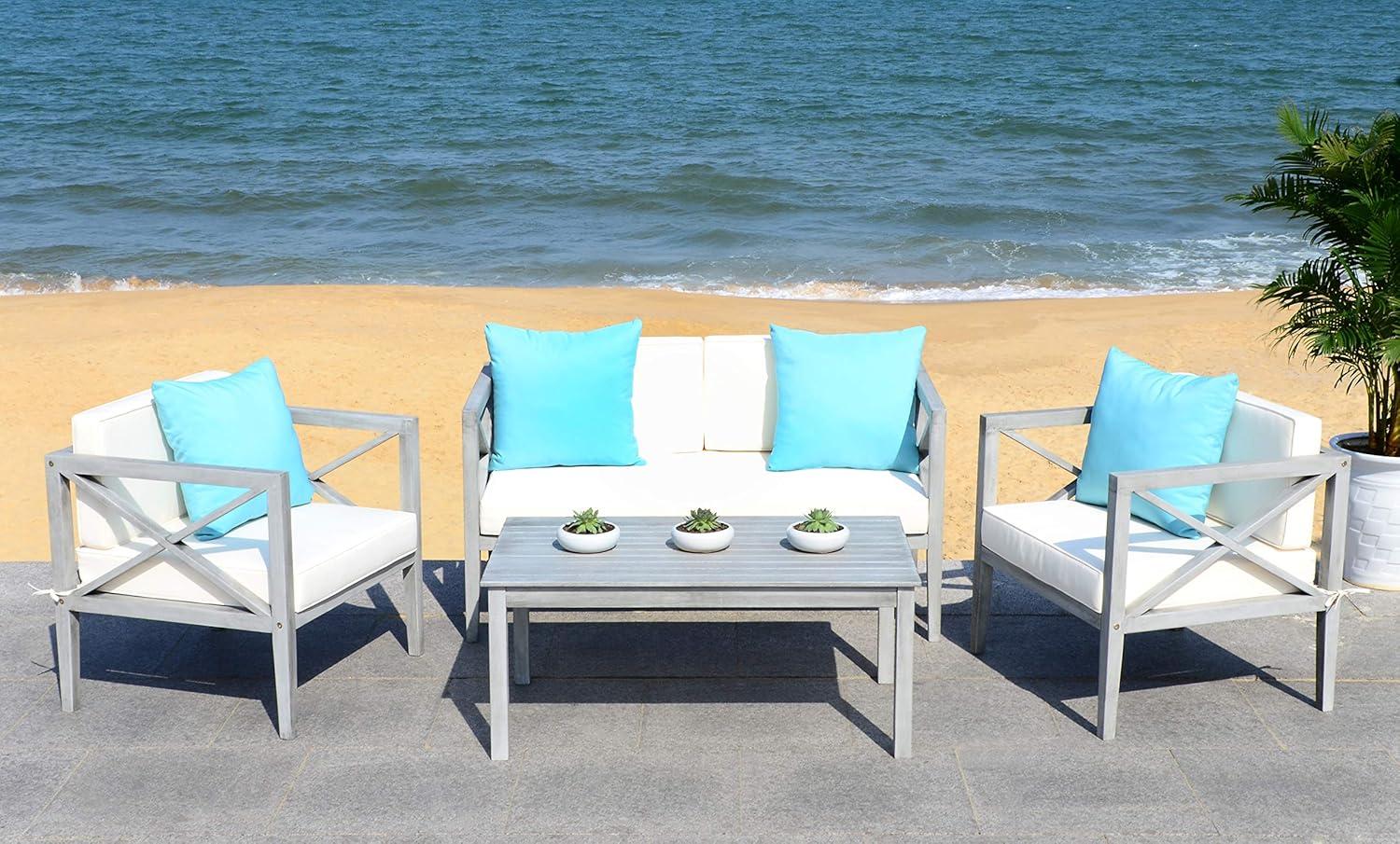 image:imageSafavieh PAT7031A Collection Nunzio Teak and White and Navy 4 Pc Accent Pillows Outdoor SetGrey Beige Solid Pillow