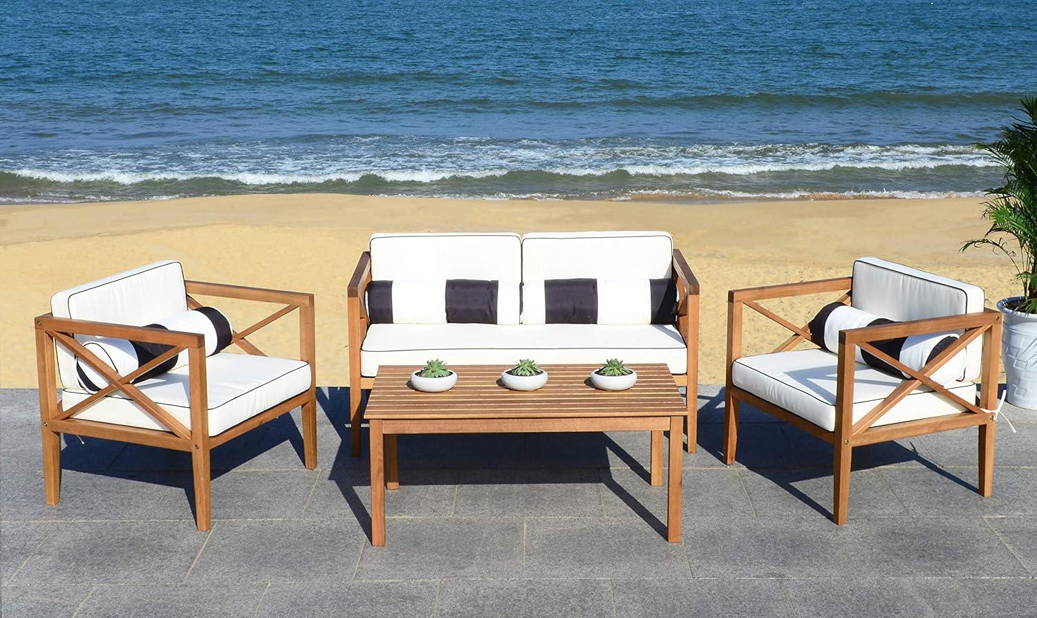 image:imageSafavieh PAT7031A Collection Nunzio Teak and White and Navy 4 Pc Accent Pillows Outdoor SetNatural Beige Bolster P