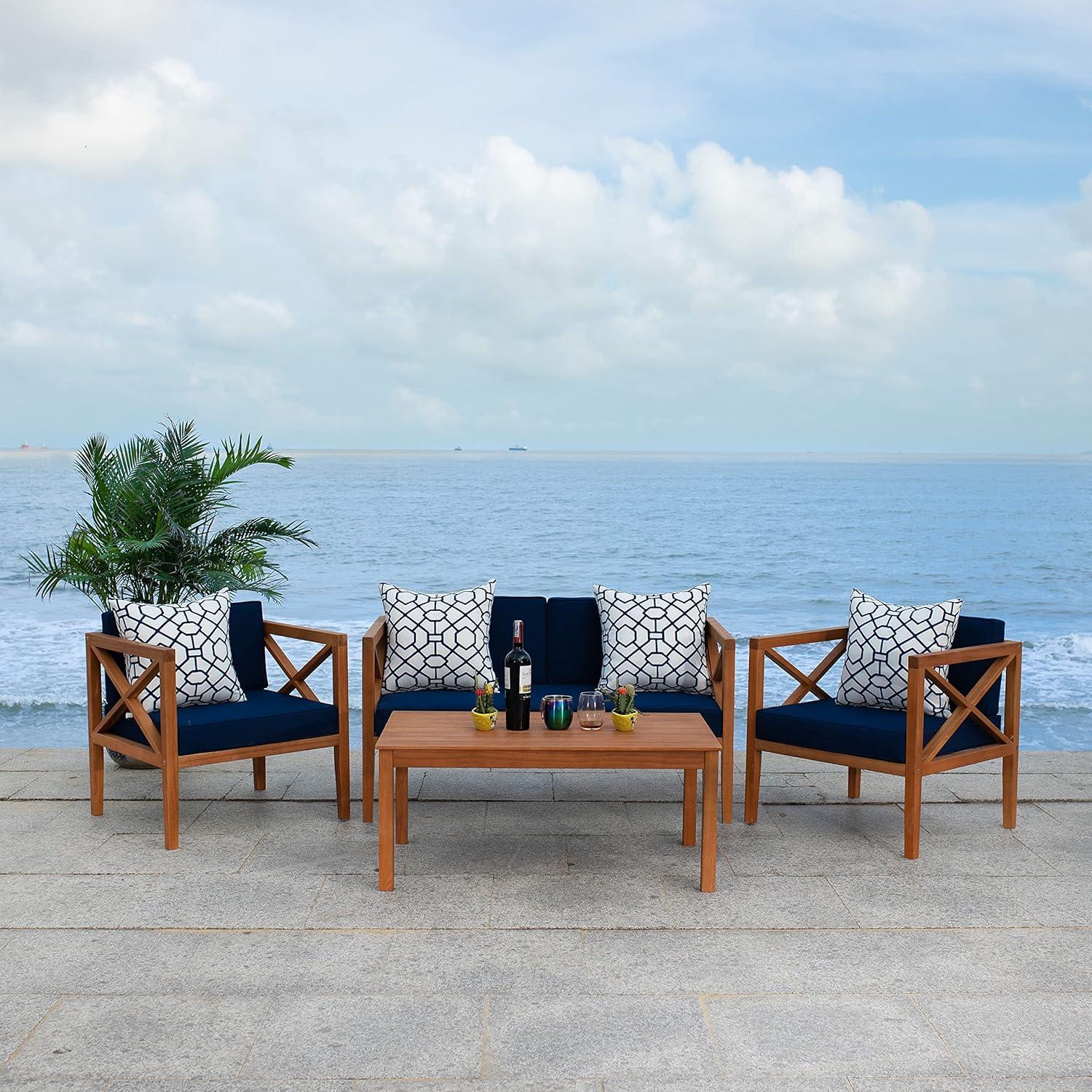 image:imageSafavieh PAT7031A Collection Nunzio Teak and White and Navy 4 Pc Accent Pillows Outdoor SetNatural Navy Trellis P