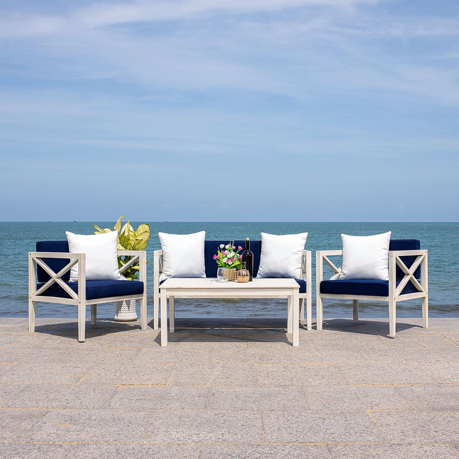 image:imageSafavieh PAT7031A Collection Nunzio Teak and White and Navy 4 Pc Accent Pillows Outdoor SetWhite Navy Solid Pillow