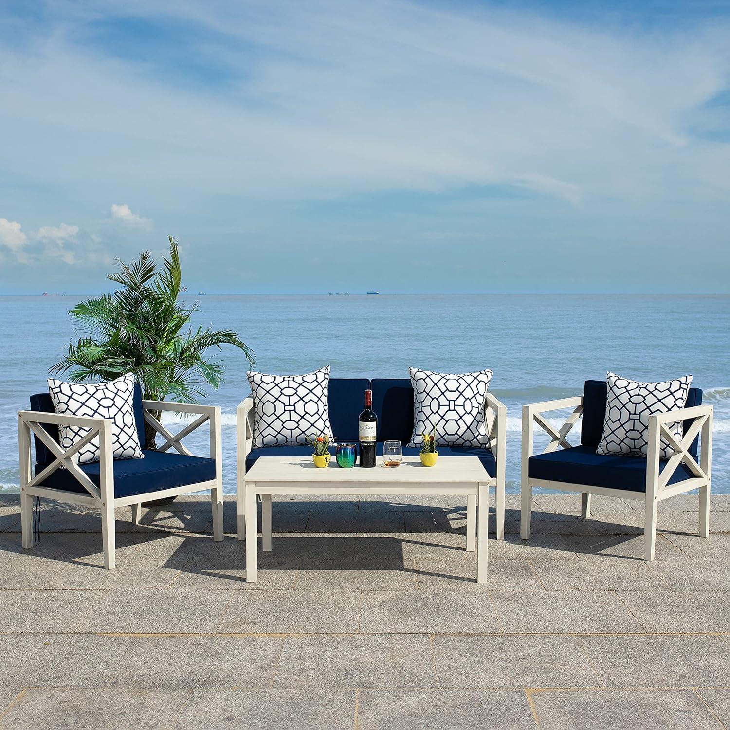 image:imageSafavieh PAT7031A Collection Nunzio Teak and White and Navy 4 Pc Accent Pillows Outdoor SetWhite Navy Trellis Pillow