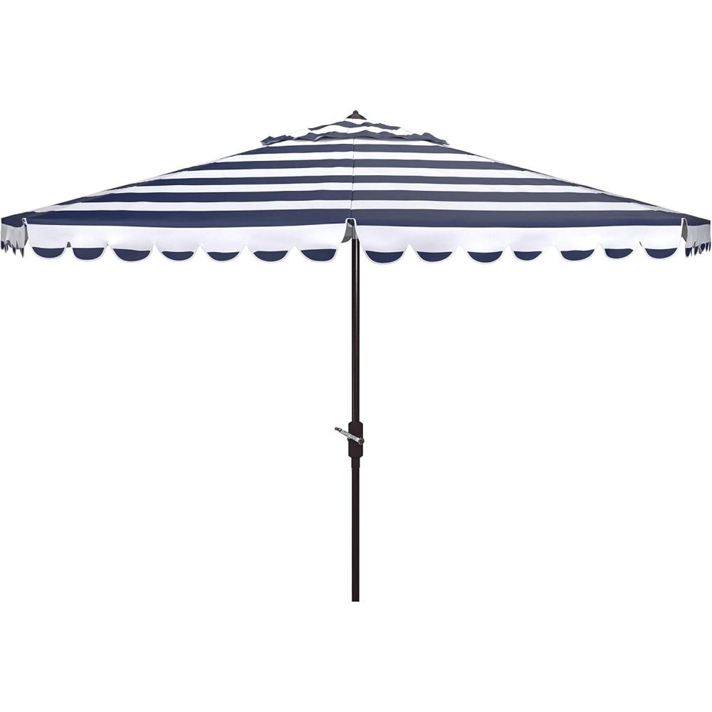 image:imageSAFAVIEH 11ft Outdoor Patio Umbrella Round Vienna Collection Black amp White Stripe Crank Button Tilt UV Resistant for Deck Backyard Poolside PAT8111DNavyWhite