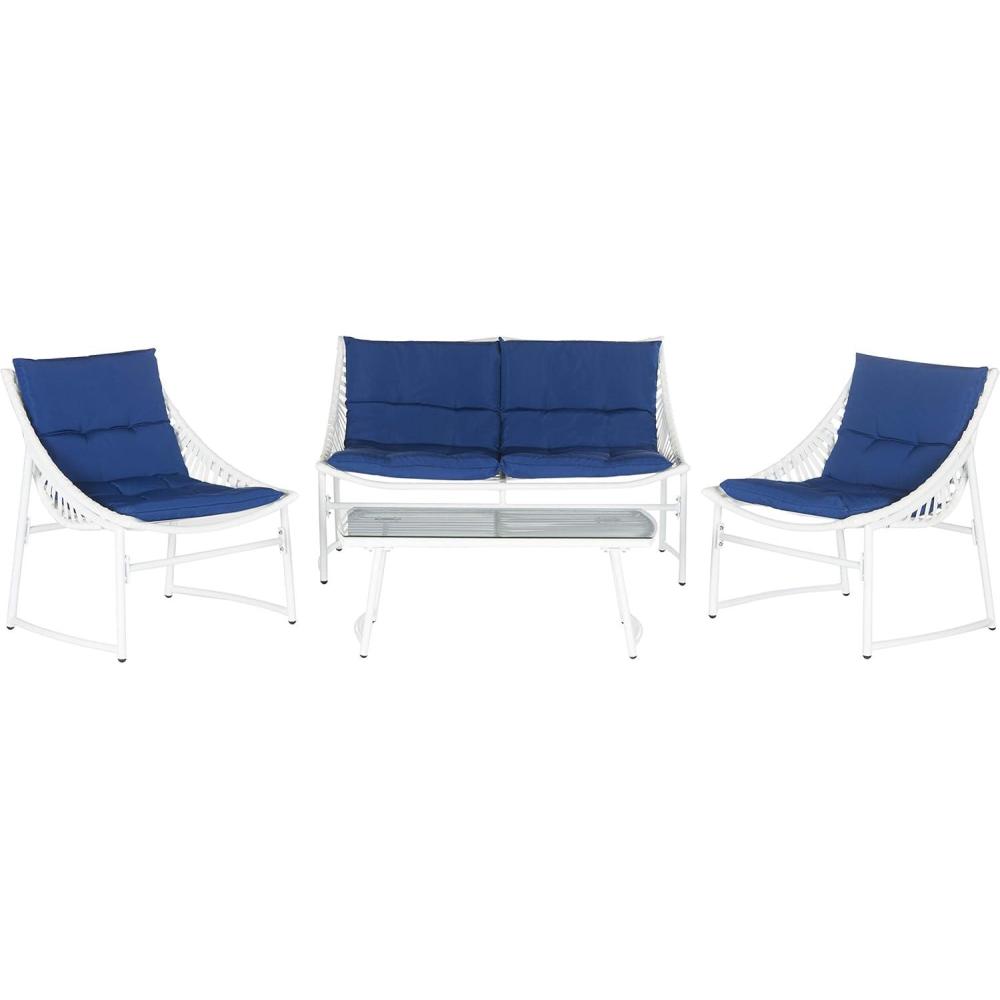 image:imageSAFAVIEH 4Piece Outdoor Collection Berkane Patio SetWhite Navy