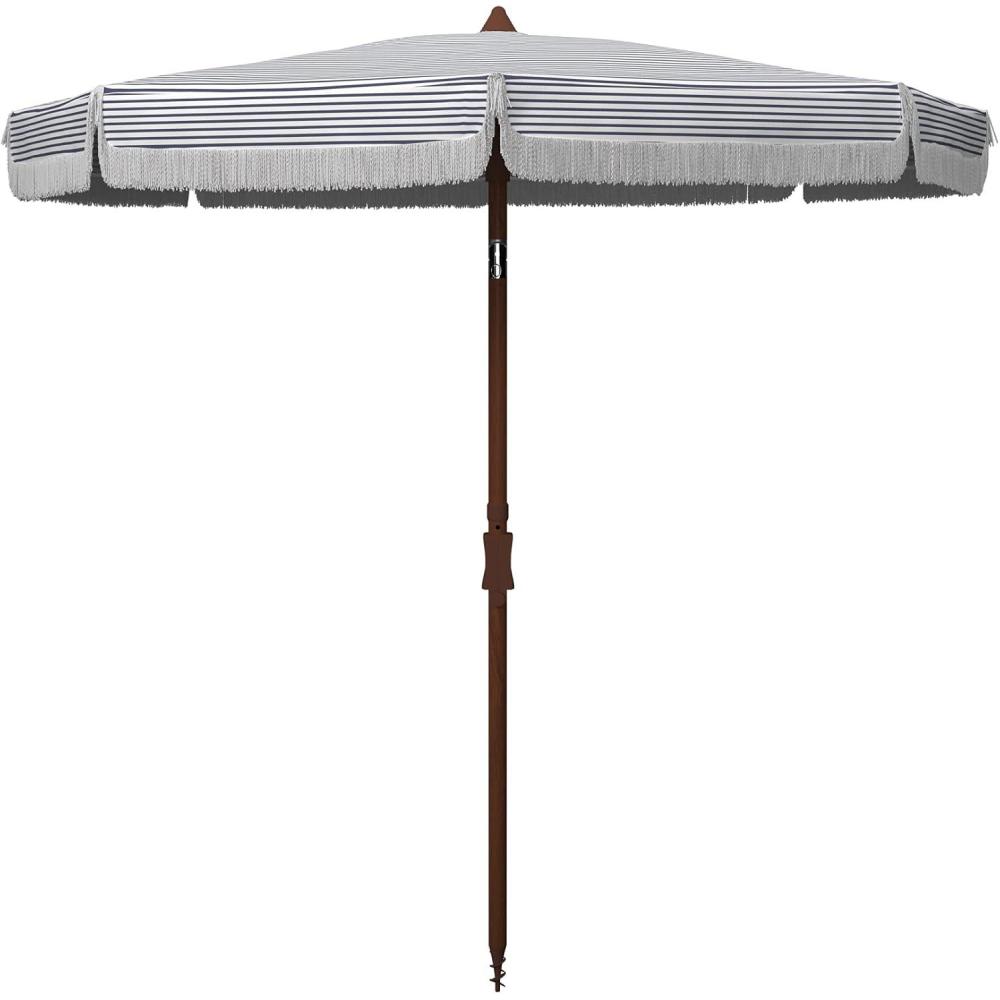 image:imageSAFAVIEH 65ft Outdoor Patio Umbrella Round Copen Collection White amp Light Blue Stripe Fringe Trim Button Tilt UV Resistant for Deck Backyard Poolside PAT8501CWhite Navy
