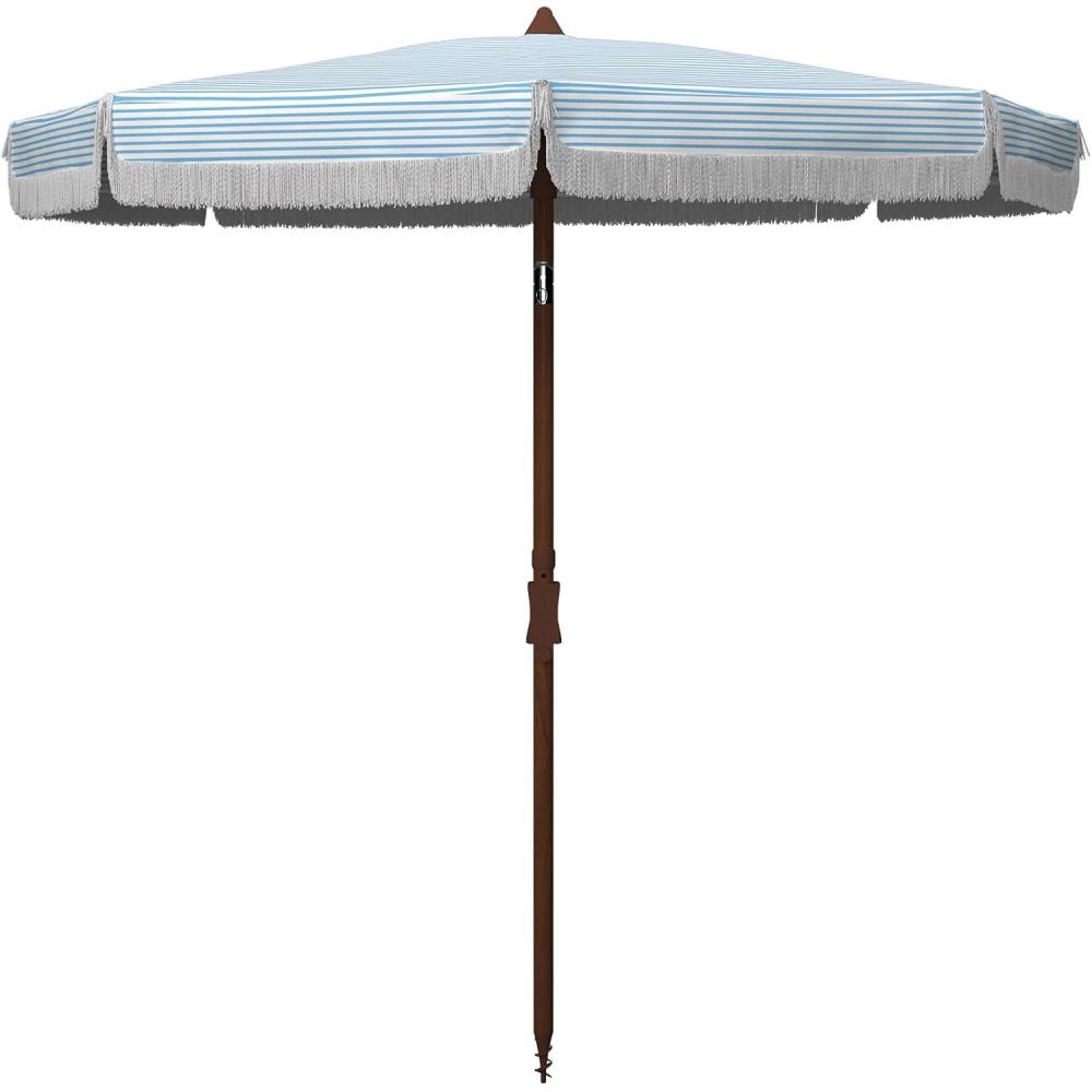 image:imageSAFAVIEH 65ft Outdoor Patio Umbrella Round Copen Collection White amp Light Blue Stripe Fringe Trim Button Tilt UV Resistant for Deck Backyard Poolside PAT8501CWhite Blue