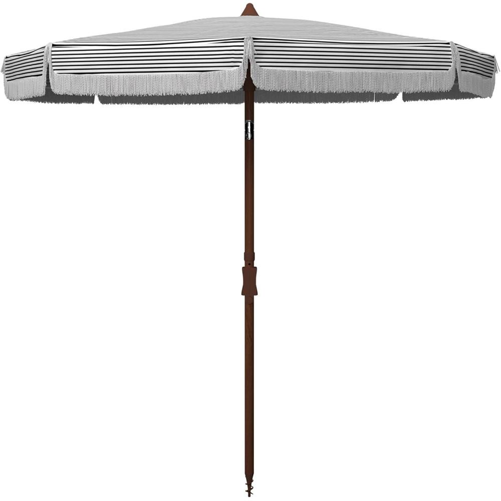 image:imageSAFAVIEH 65ft Outdoor Patio Umbrella Round Copen Collection White amp Light Blue Stripe Fringe Trim Button Tilt UV Resistant for Deck Backyard Poolside PAT8501CWhite Black