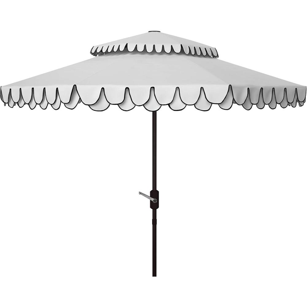 image:imageSAFAVIEH 9ft Outdoor Patio Umbrella Double Top Valance Beige amp White Trim Double Top Auto Crank Tilt UV Resistant for Deck Backyard Poolside PAT8206CWhiteBlack
