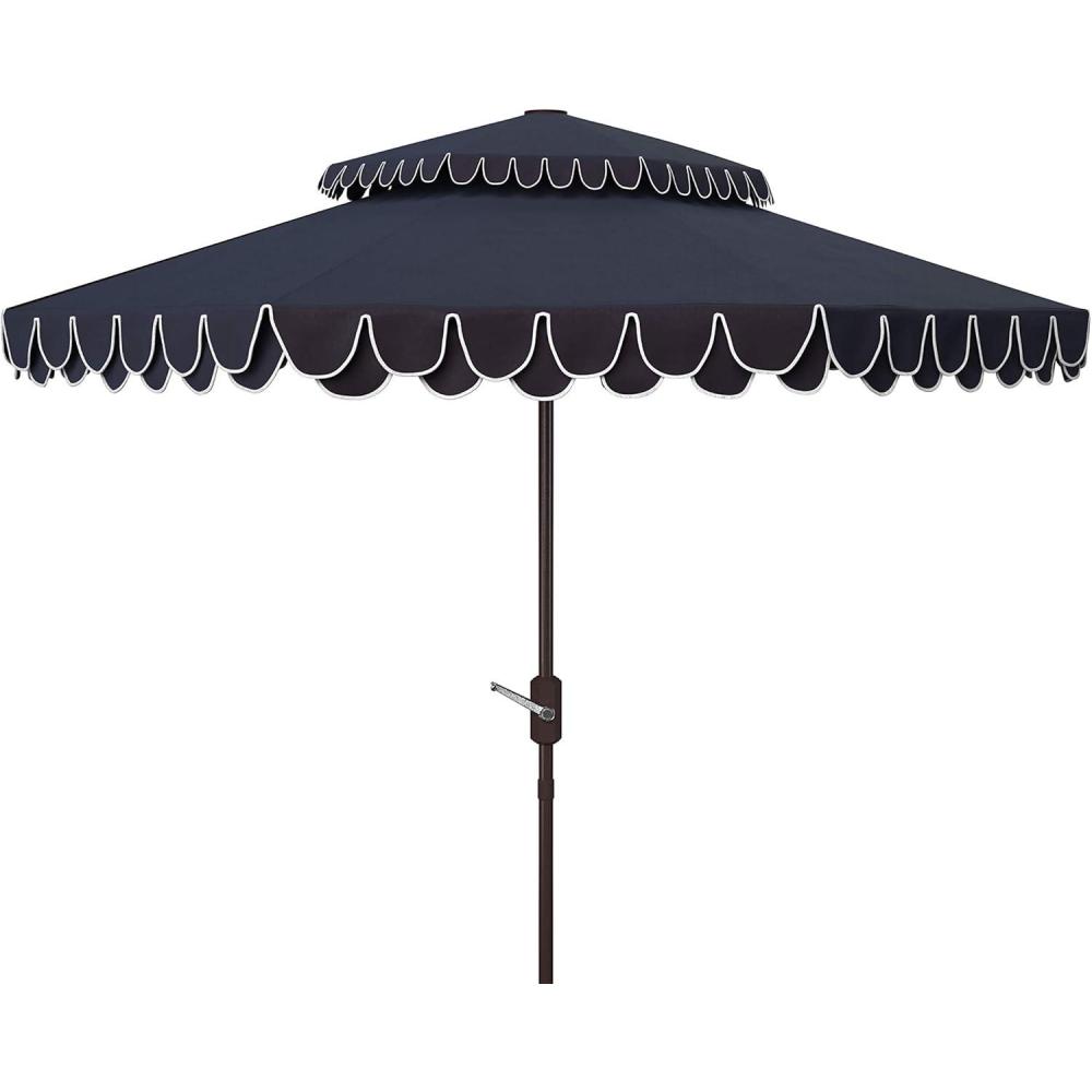 image:imageSAFAVIEH 9ft Outdoor Patio Umbrella Double Top Valance Beige amp White Trim Double Top Auto Crank Tilt UV Resistant for Deck Backyard Poolside PAT8206CNavyWhite