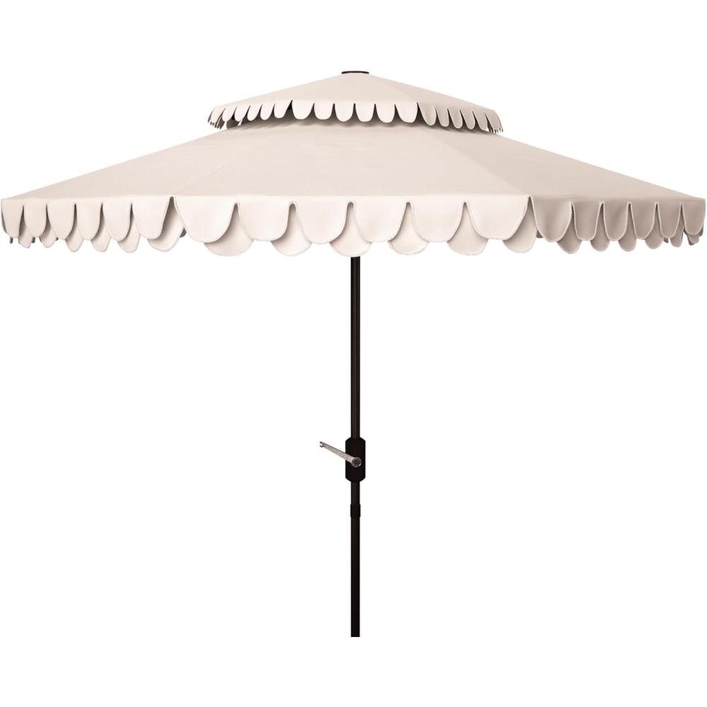 image:imageSAFAVIEH 9ft Outdoor Patio Umbrella Double Top Valance Beige amp White Trim Double Top Auto Crank Tilt UV Resistant for Deck Backyard Poolside PAT8206CBeigeWhite