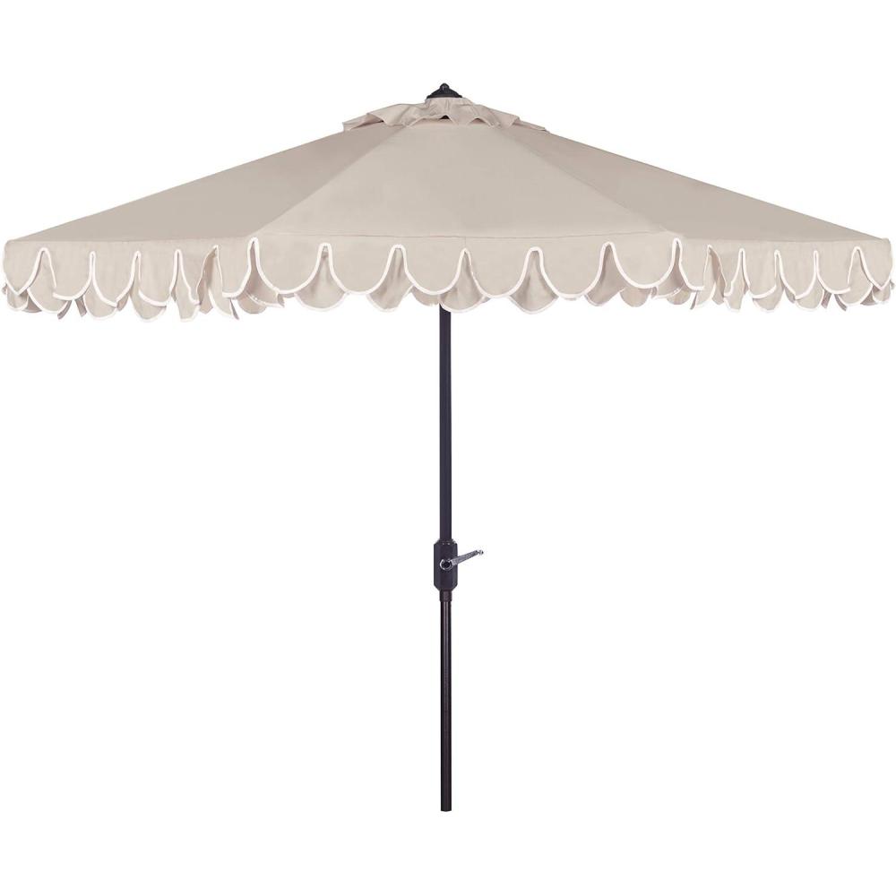 image:imageSAFAVIEH 9ft Outdoor Patio Umbrella Round Valance Navy amp White Trim Auto Crank Tilt UV Resistant for Deck Backyard Poolside PAT8006ABeigeWhite