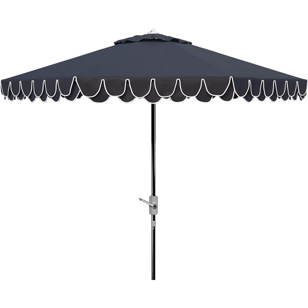image:imageSAFAVIEH 9ft Outdoor Patio Umbrella Round Valance Navy amp White Trim Auto Crank Tilt UV Resistant for Deck Backyard Poolside PAT8006ANavyWhite