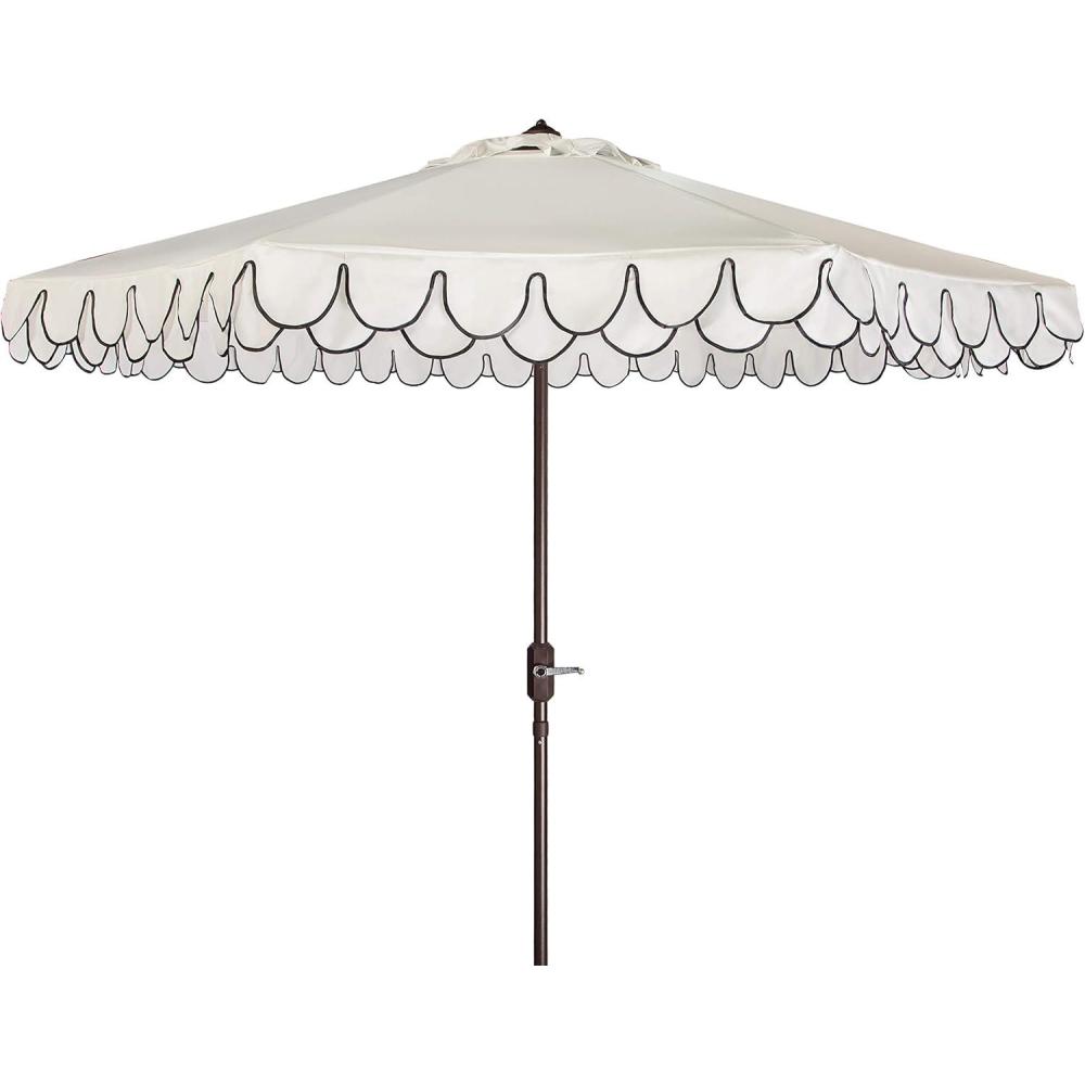 image:imageSAFAVIEH 9ft Outdoor Patio Umbrella Round Valance Navy amp White Trim Auto Crank Tilt UV Resistant for Deck Backyard Poolside PAT8006AWhiteBlack