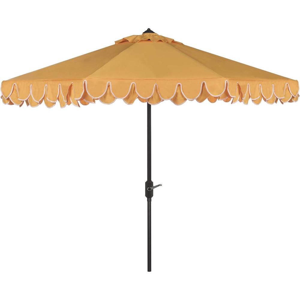 image:imageSAFAVIEH 9ft Outdoor Patio Umbrella Round Valance Navy amp White Trim Auto Crank Tilt UV Resistant for Deck Backyard Poolside PAT8006AYellowWhite