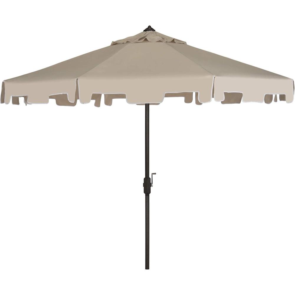 image:imageSAFAVIEH 9ft Outdoor Patio Umbrella Round Zimmerman Collection Yellow amp White Trim Button Tilt UV Resistant for Deck Backyard Poolside PAT8000FBeige