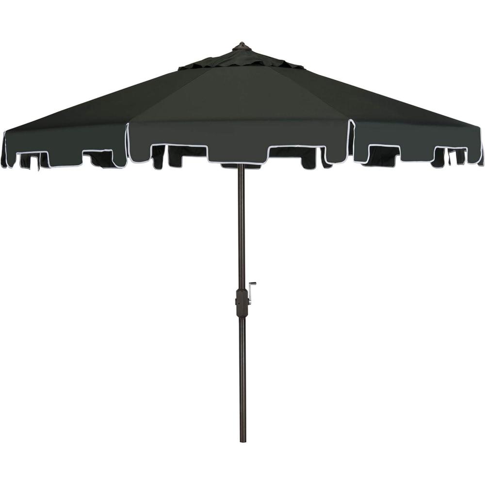 image:imageSAFAVIEH 9ft Outdoor Patio Umbrella Round Zimmerman Collection Yellow amp White Trim Button Tilt UV Resistant for Deck Backyard Poolside PAT8000FDark Green