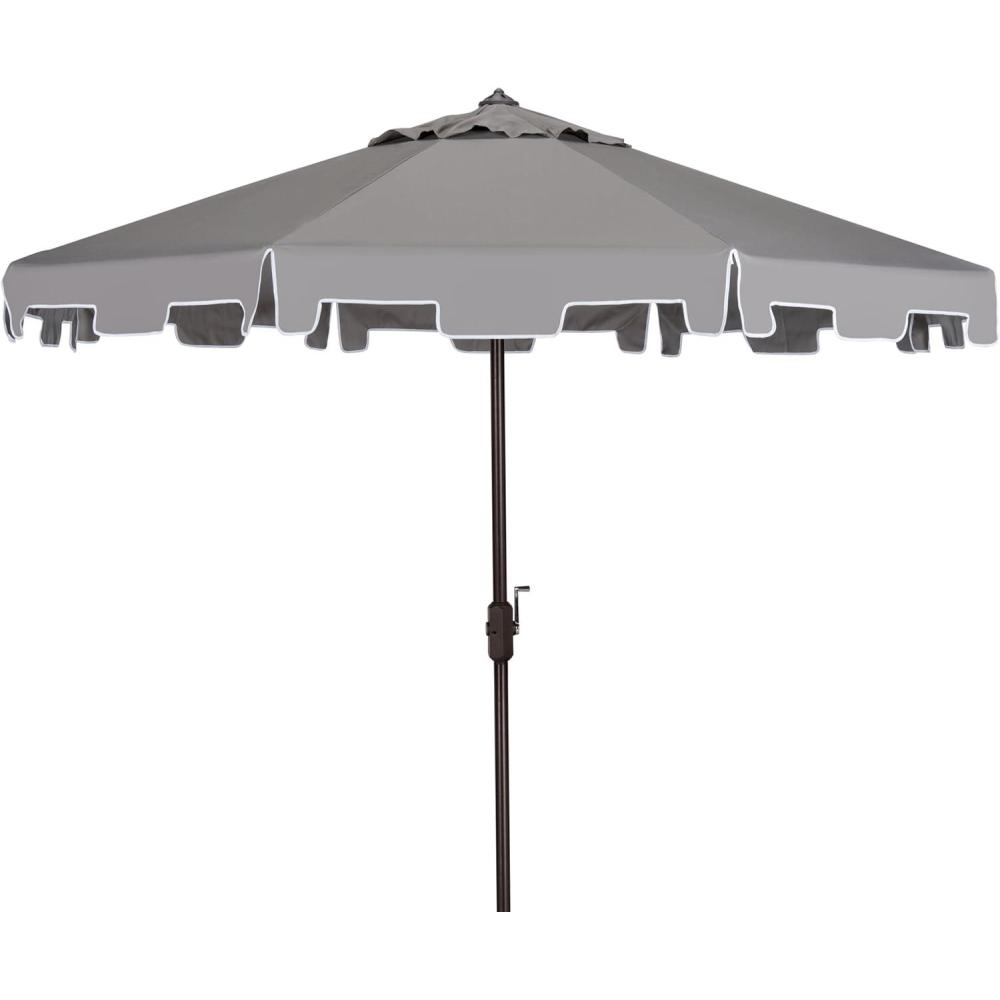 image:imageSAFAVIEH 9ft Outdoor Patio Umbrella Round Zimmerman Collection Yellow amp White Trim Button Tilt UV Resistant for Deck Backyard Poolside PAT8000FGray