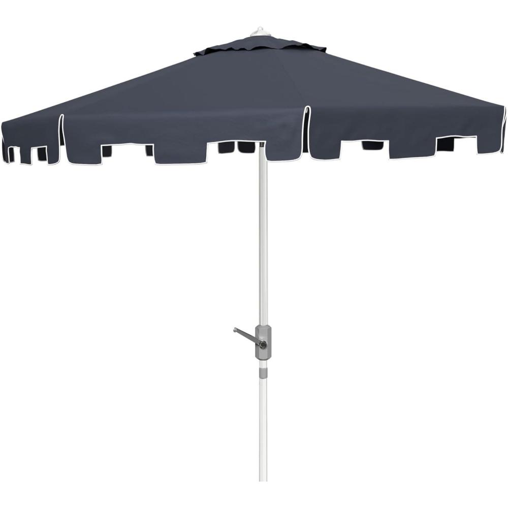 image:imageSAFAVIEH 9ft Outdoor Patio Umbrella Round Zimmerman Collection Yellow amp White Trim Button Tilt UV Resistant for Deck Backyard Poolside PAT8000FNavyWhite