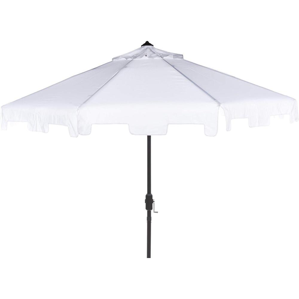 image:imageSAFAVIEH 9ft Outdoor Patio Umbrella Round Zimmerman Collection Yellow amp White Trim Button Tilt UV Resistant for Deck Backyard Poolside PAT8000FWhite