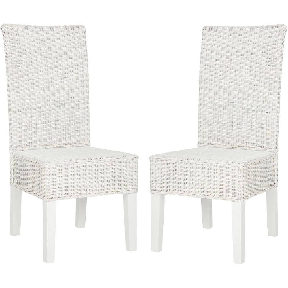 image:imageSAFAVIEH Home Collection Arjun Set of 2 Grey Wicker Dining Chairs Tall Back Dining Chairs with Pine Wood Legs for Kitchen or Dining Room SEA8013ASET2White