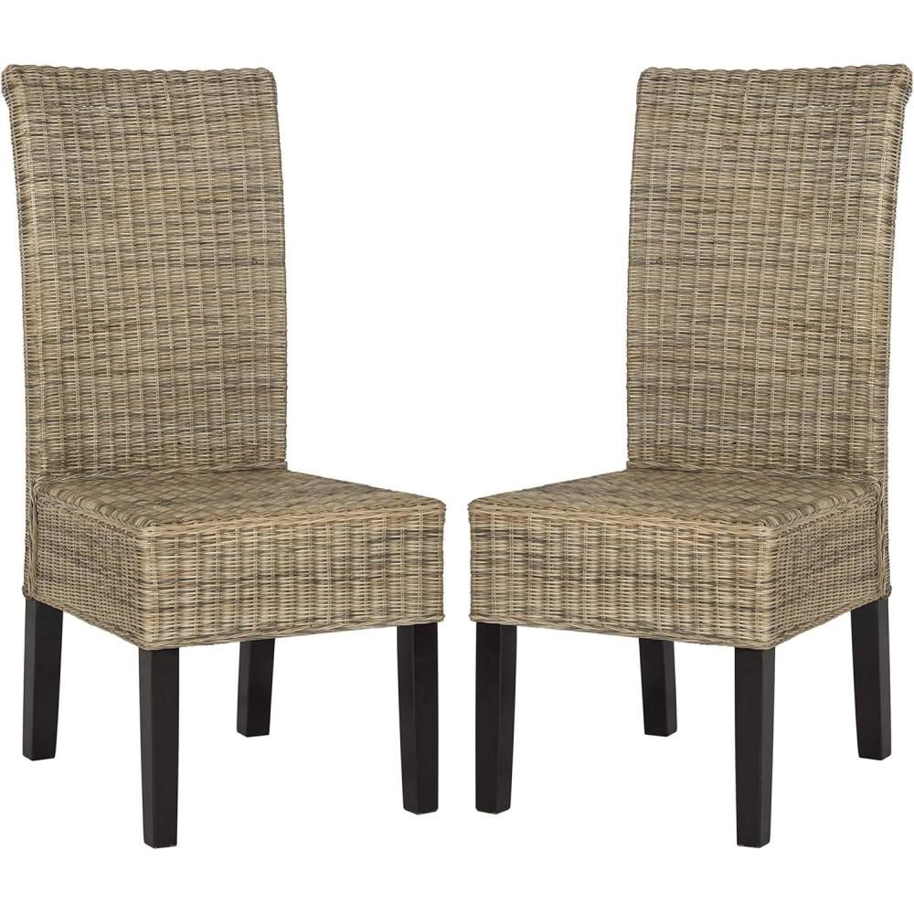image:imageSAFAVIEH Home Collection Arjun Set of 2 Grey Wicker Dining Chairs Tall Back Dining Chairs with Pine Wood Legs for Kitchen or Dining Room SEA8013ASET2Grey